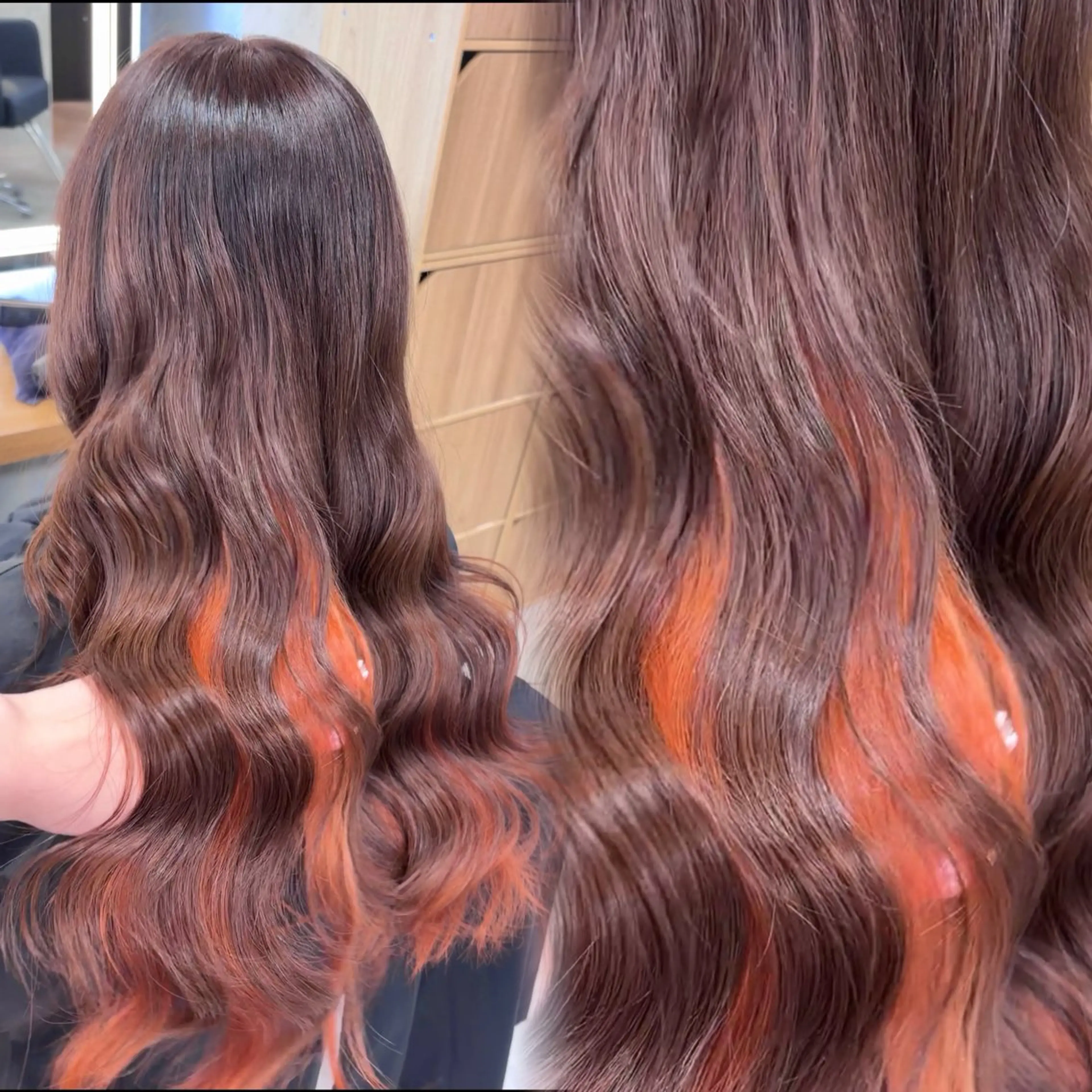 ロング カラー ブリーチ デザインカラー ダブルカラー インナーカラー オレンジ ヘアカラー トリートメント 札幌韓国風艶カラー 🎀𝐒𝐀𝐇𝐎のヘアスタイル