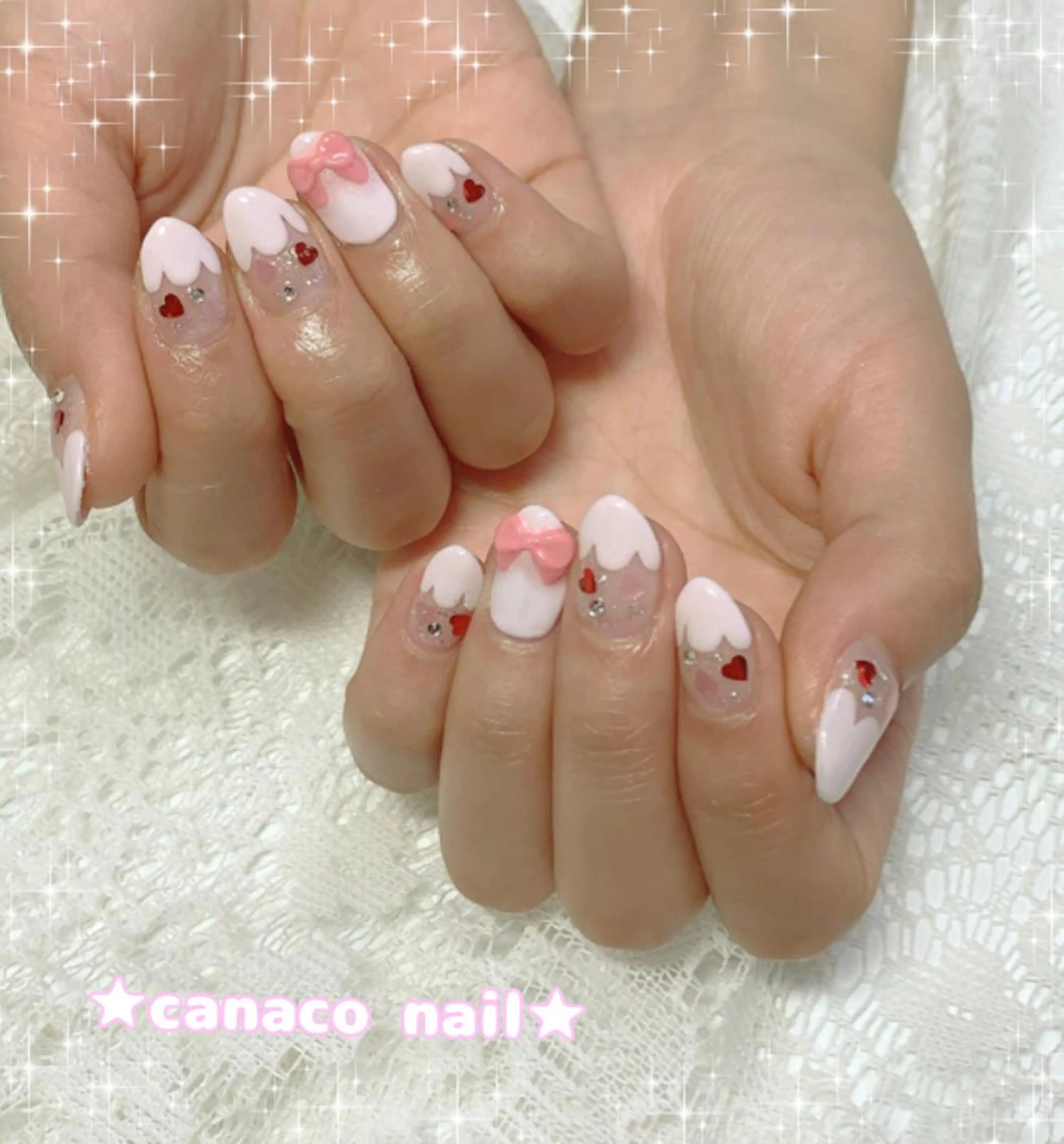 ネイル フレンチネイル ガーリー ハート ホログラムネイル リボン ハンドネイル ハンドケア ベテランネイル cnc  nailのネイルデザイン