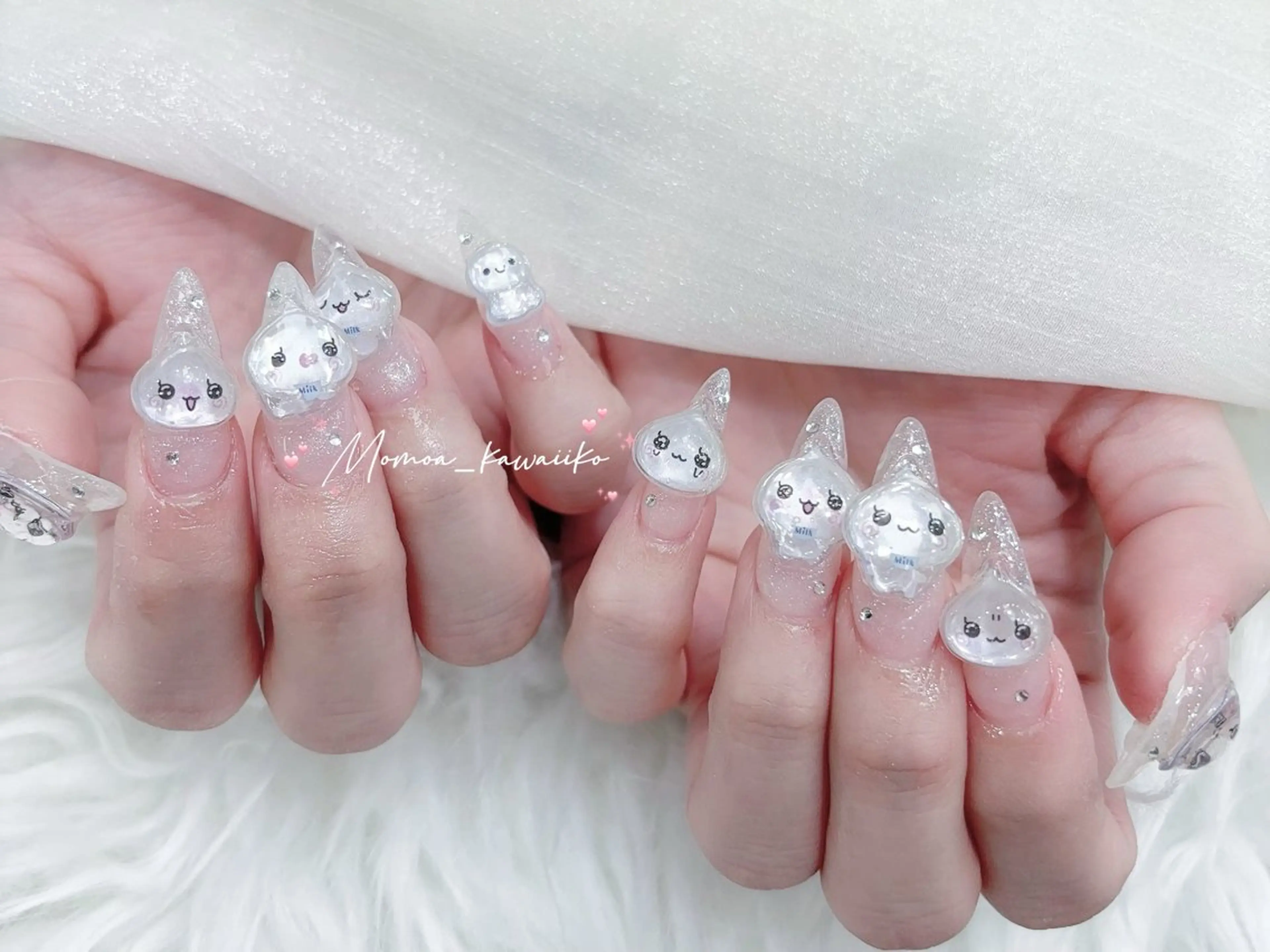 ネイル 成人式 マグネットネイル 大理石ネイル(マーブル) リボン 夏ネイル ハンドネイル MoMoA Nail ネイル長さ出し専門店のネイルデザイン