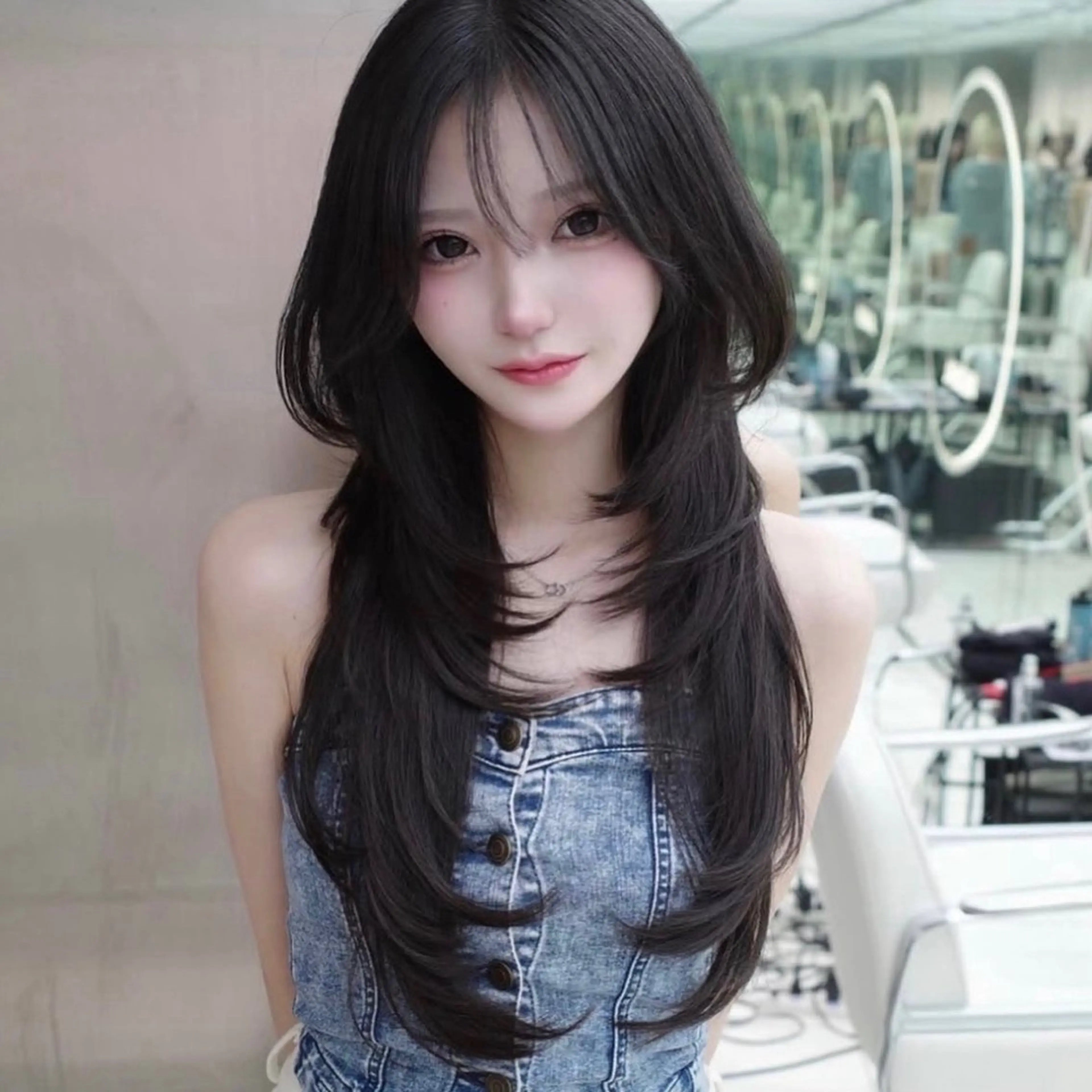 ロング くびれヘア 顔周りカット ハイレイヤー 韓国風ヘア レイヤーカット カット トリートメント がわ/ハイレイヤー /ハイトーンカラーのヘアスタイル