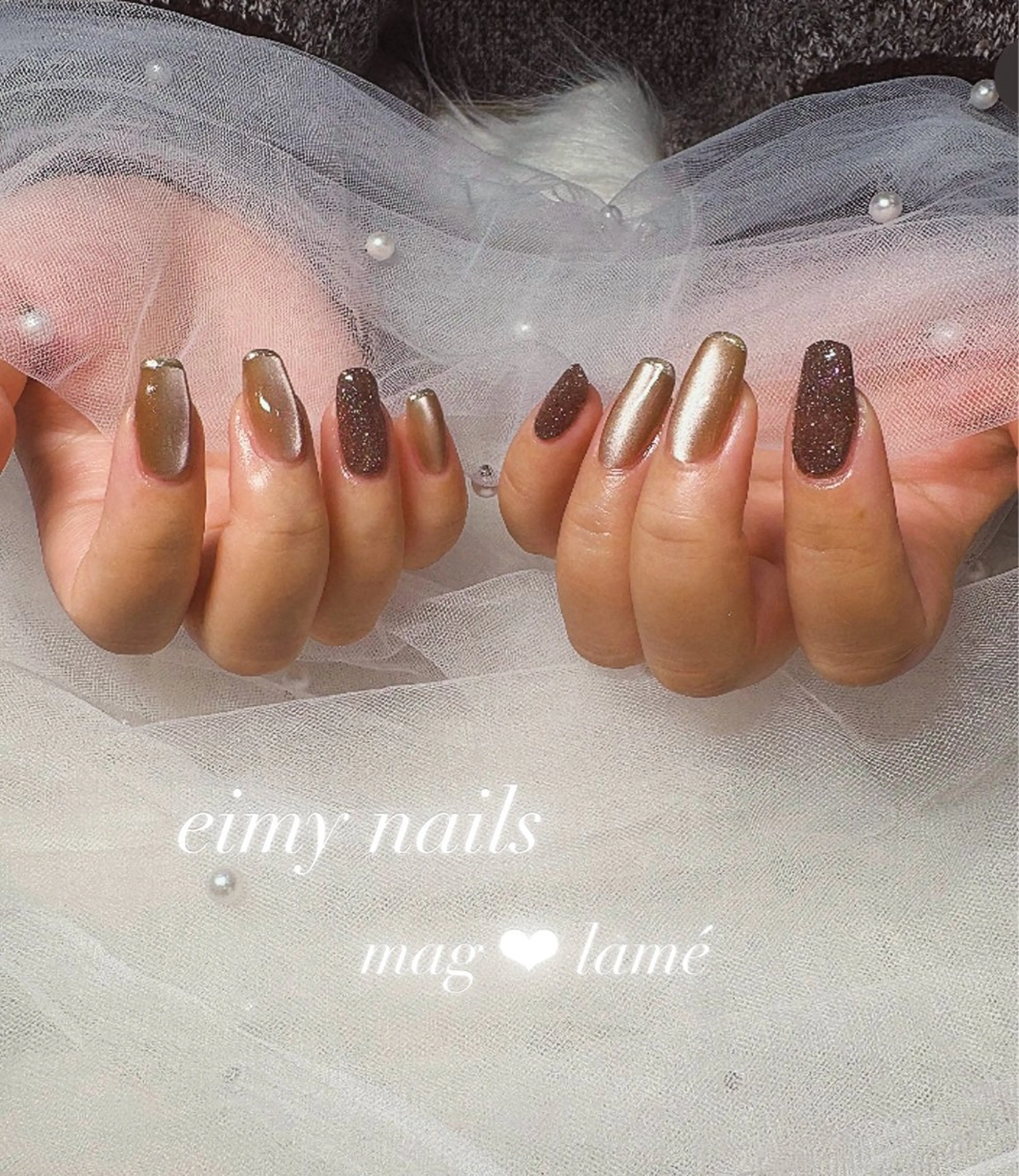 ネイル ブラウン フラッシュネイル フレンチネイル ラメ(グリッター) マグネットネイル ハンドネイル eimy nails♡のネイルデザイン