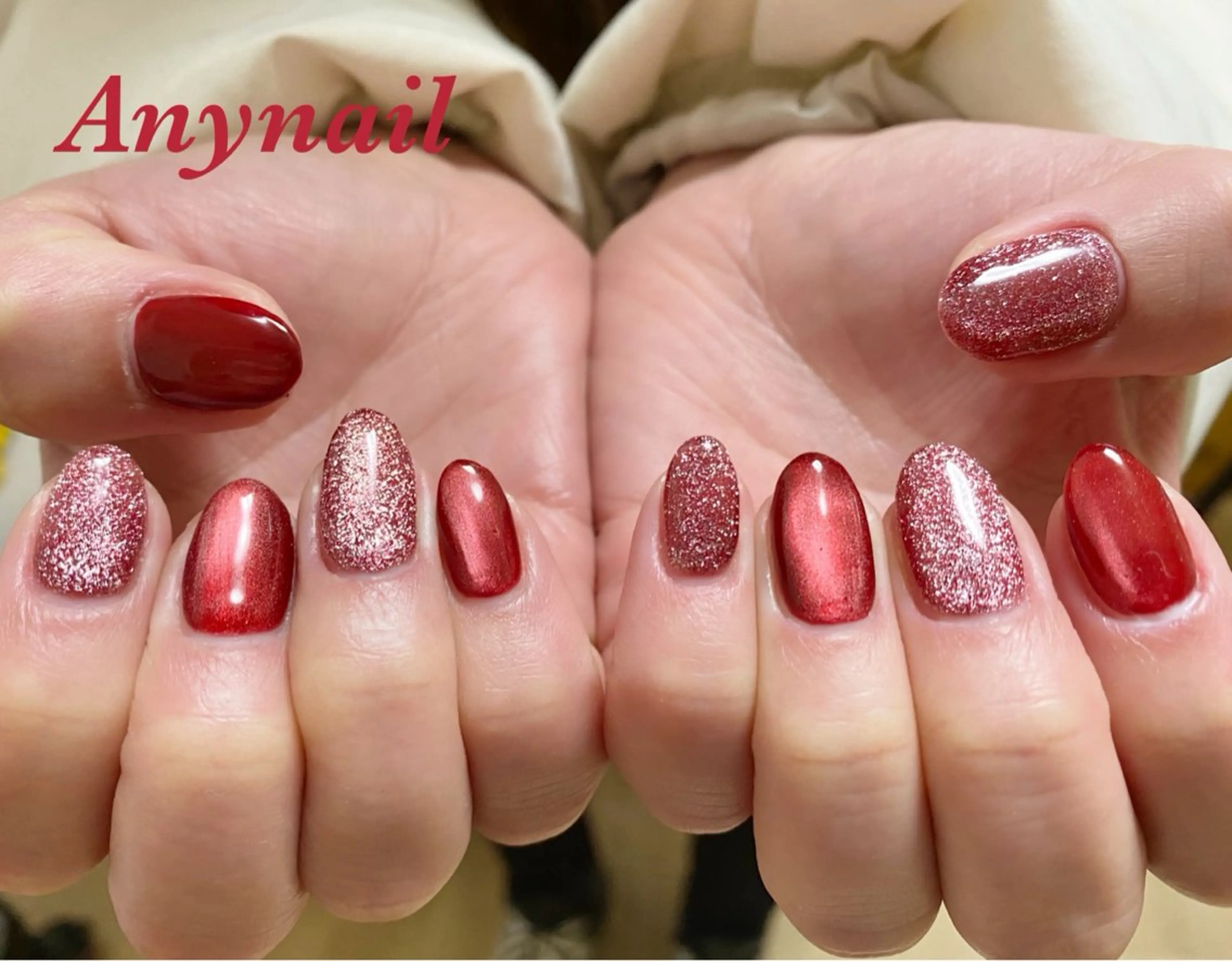 ネイル ブルー ジェルネイル マグネットネイル ワンカラーネイル 赤色 ハンドネイル 岩澤 恵子のネイルデザイン