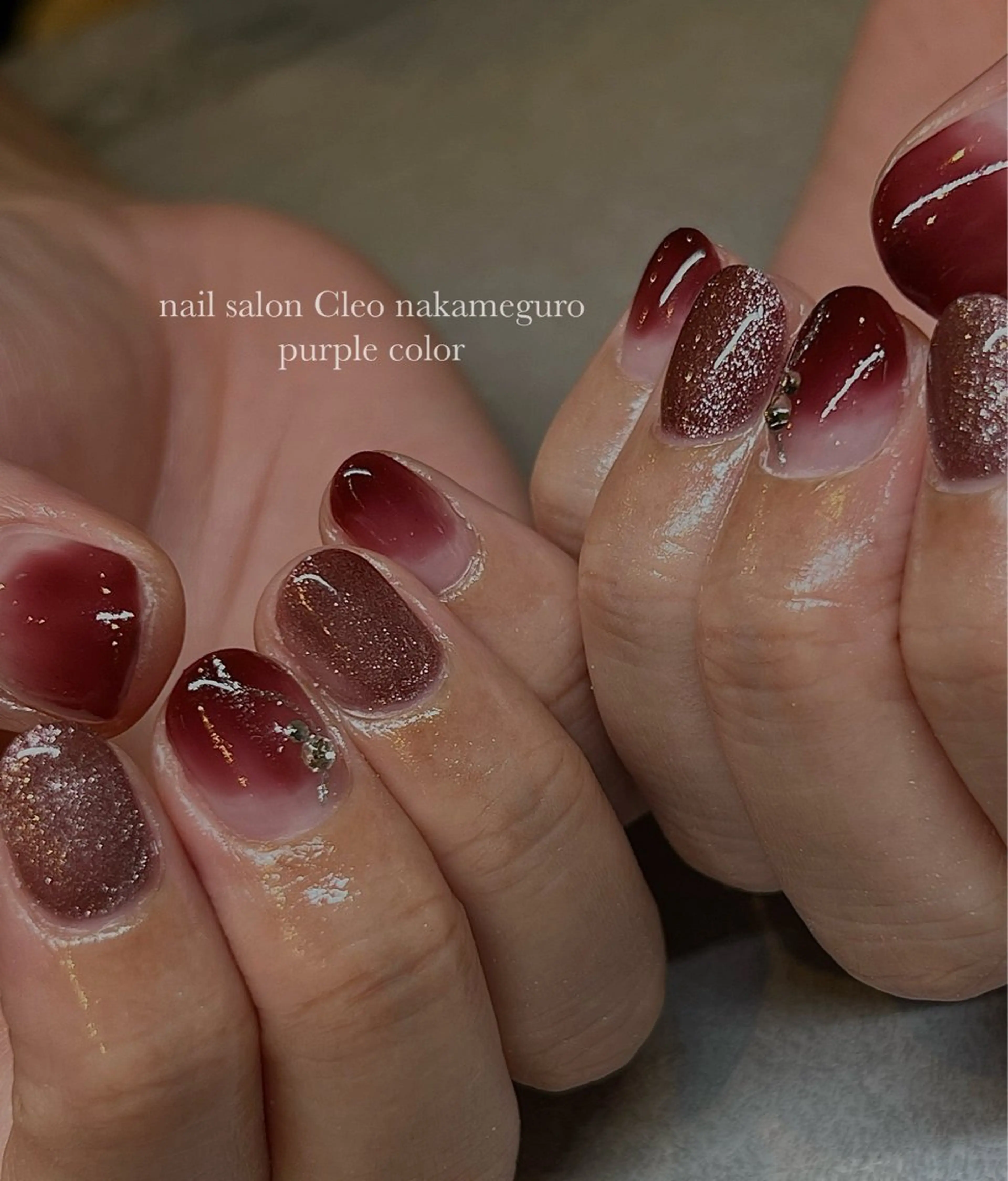 ネイル アートネイル オーロラネイル べっ甲ネイル ブルー ボルドー Cleo中目黒店 Hinahoのネイルデザイン