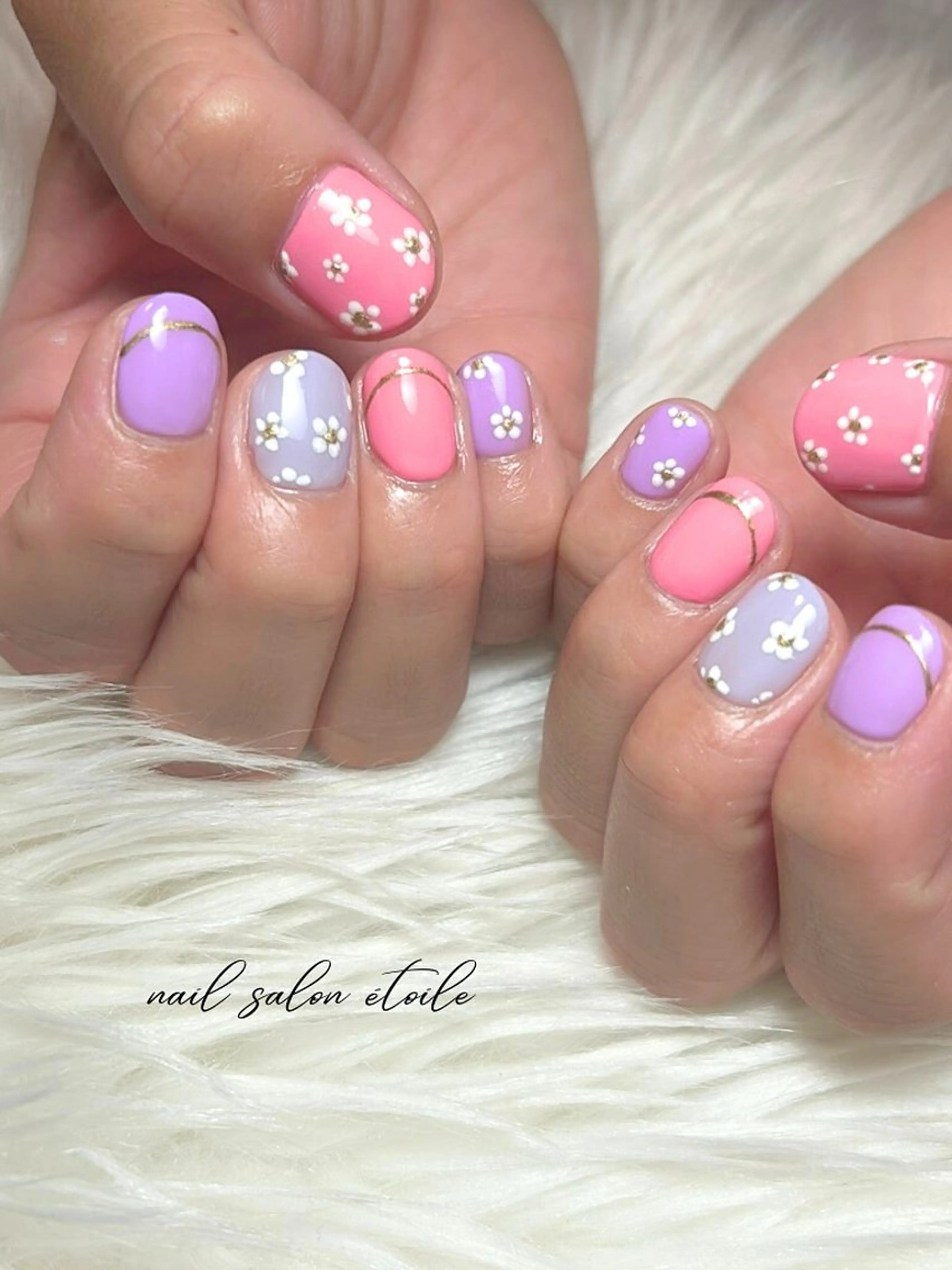 ネイル フラワーネイル パステルネイル ピンク パープル ハンドネイル nail salon étoileのネイルデザイン