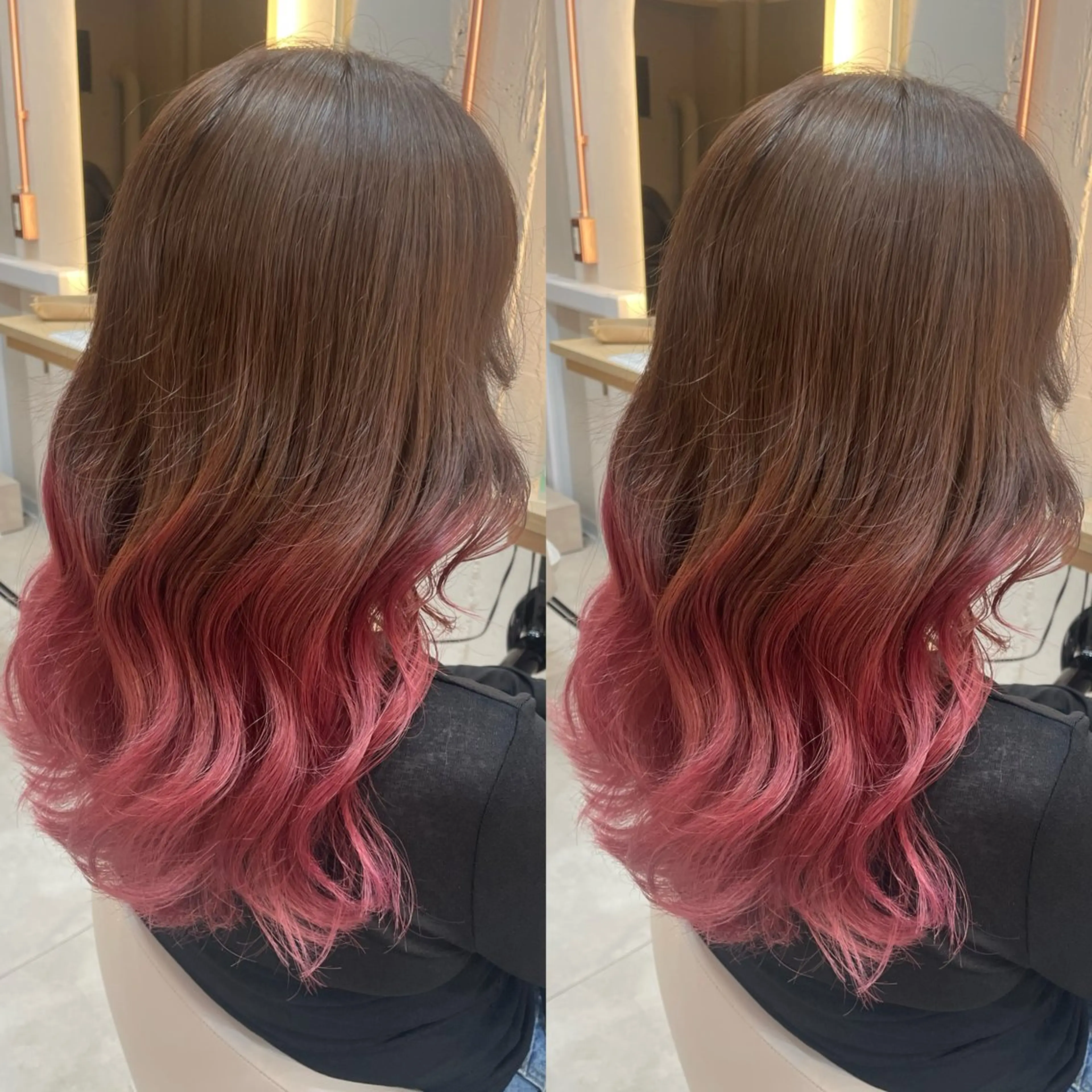 セミロング カラー ブラウンカラー グラデーションカラー ピンクカラー カット ヘアカラー トリートメント ヘアセット ブリーチ無しダブル カラー🦕まどかのヘアスタイル