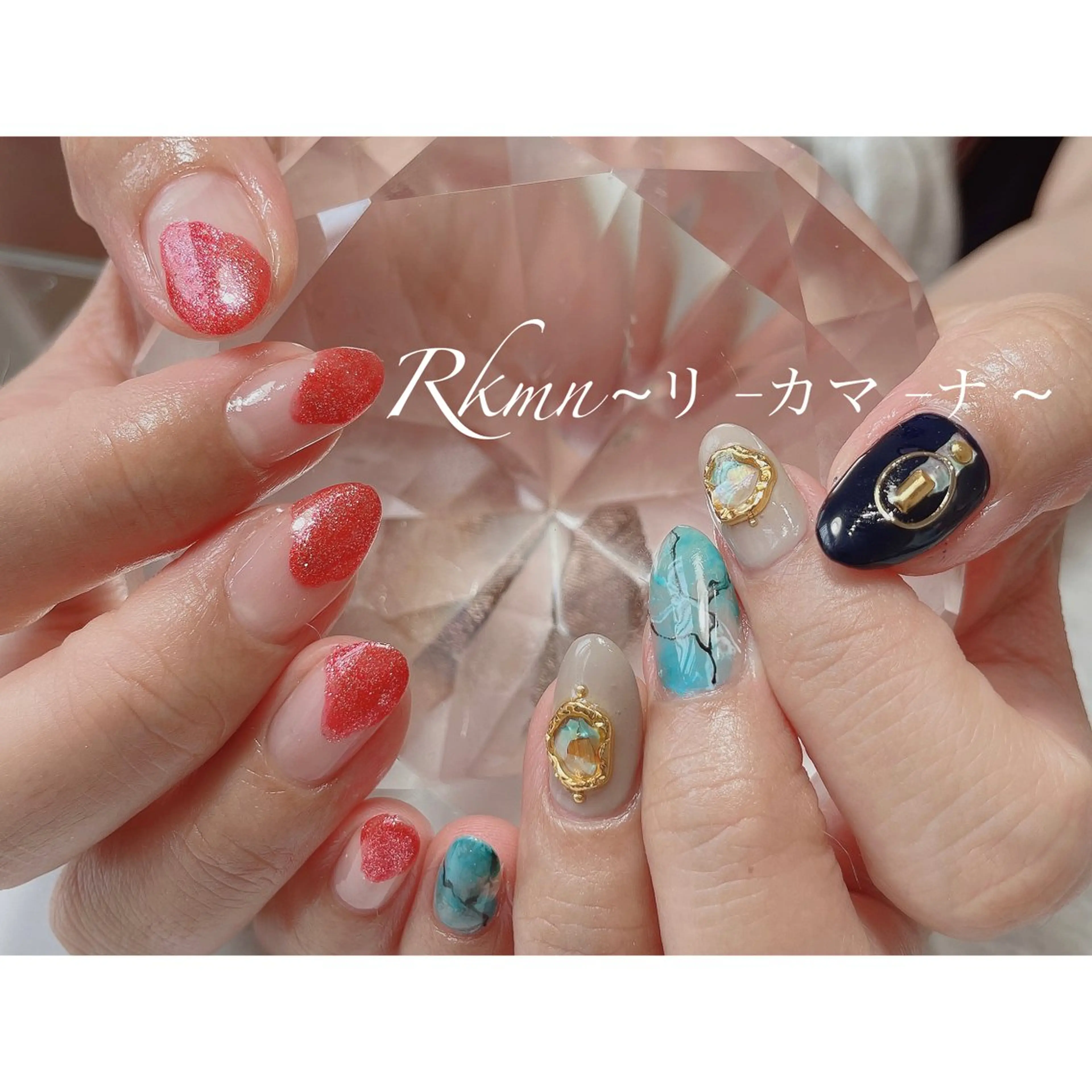 ネイル アートネイル ブルー 大理石ネイル(マーブル) オレンジ 赤色 ハンドネイル フットネイル ハンドケア Rkmn ~リ-カマ-ナ~のネイルデザイン