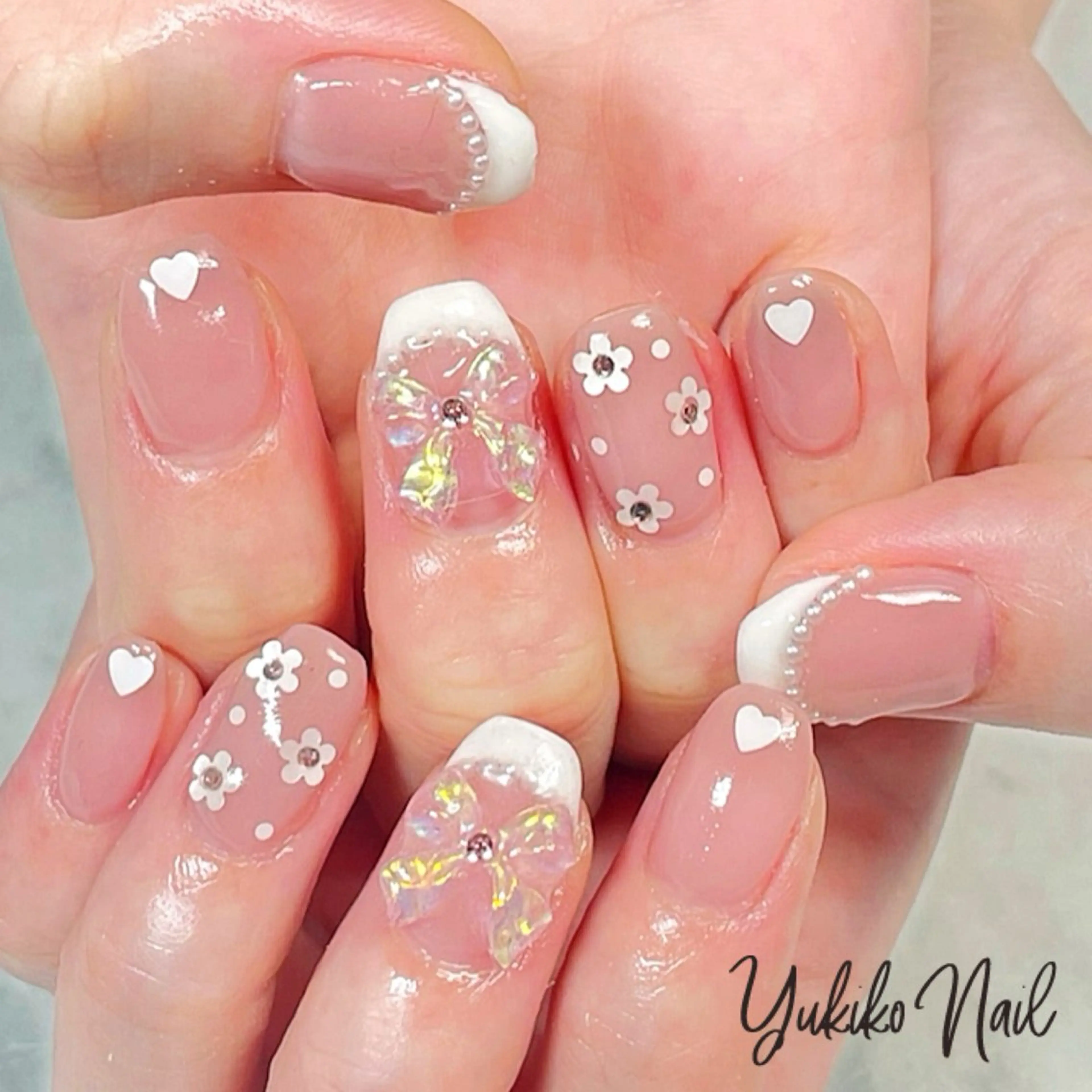 ネイル ガーリー 韓国ネイル ピンク リボン ワンホンネイル ハンドネイル ユキコ ネイルのネイルデザイン