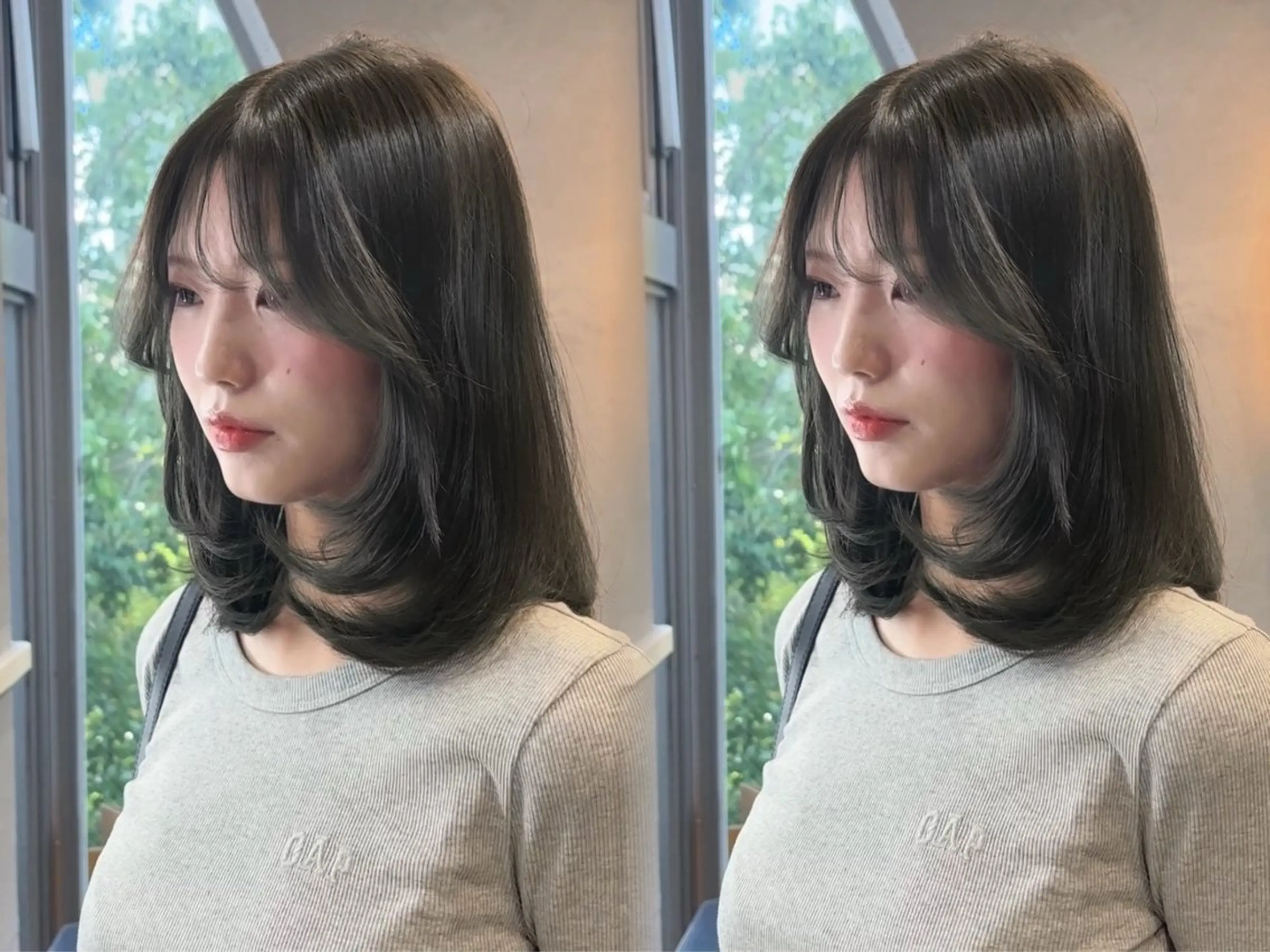 セミロング カット ヘアカラー トリートメント 韓国ヘア/ブリーチ無 しWカラー/オリーブのヘアスタイル