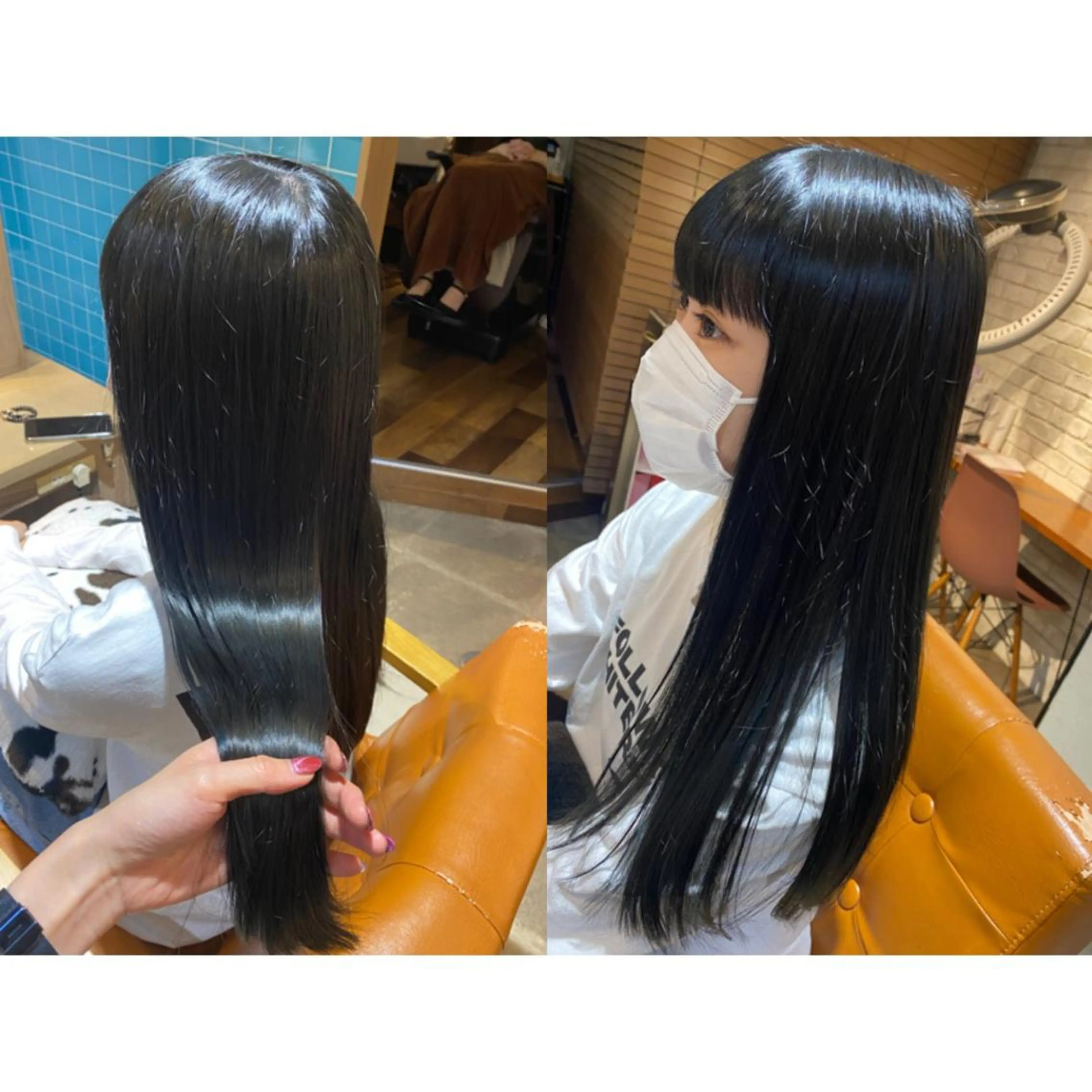 カラー 黒髪 ブルーカラー ブルーブラック カット ヘアカラー トリートメント 🐻結んで可愛い hair EMI🐻のヘアスタイル