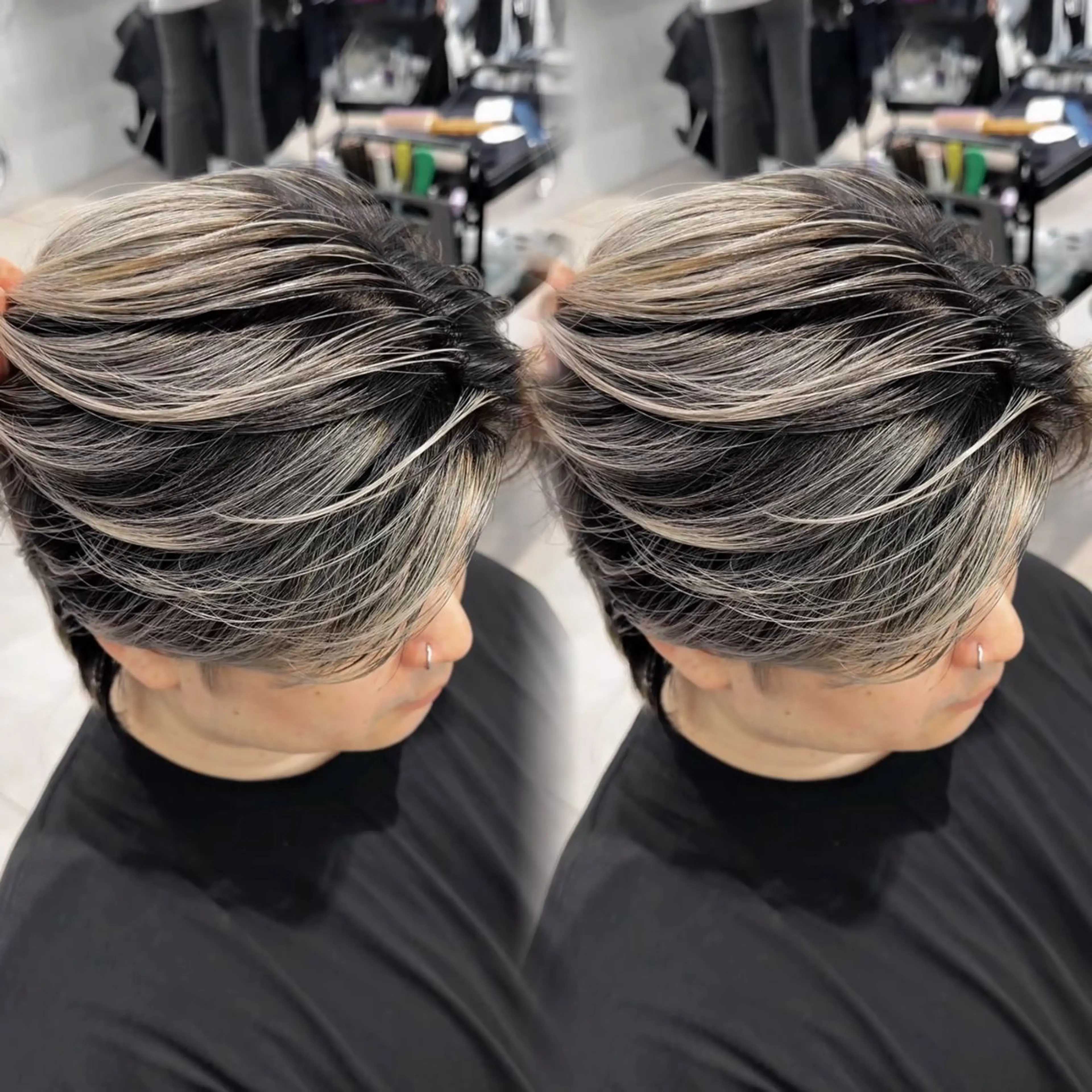 ショート カラー メンズ メンズバレイヤージュ バレイヤージュ シルバー ホワイトシルバー レイヤーカット ヘアカラー 表参道/ハイライト バレイヤージュのヘアスタイル