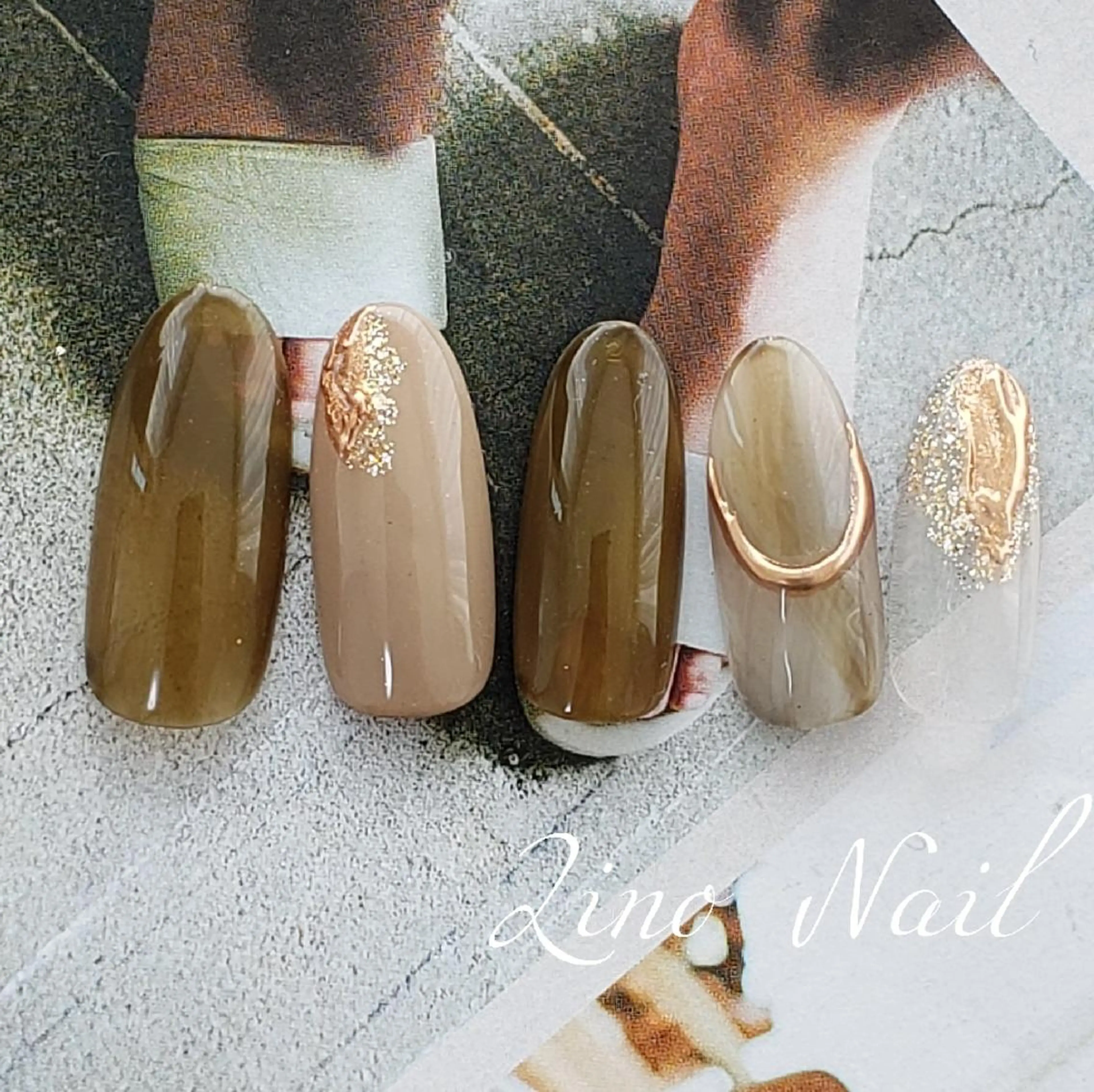 ネイル ブラウン カジュアル ジェルネイル ミラーネイル ニュアンスネイル ハンドネイル Lino Nailのネイルデザイン