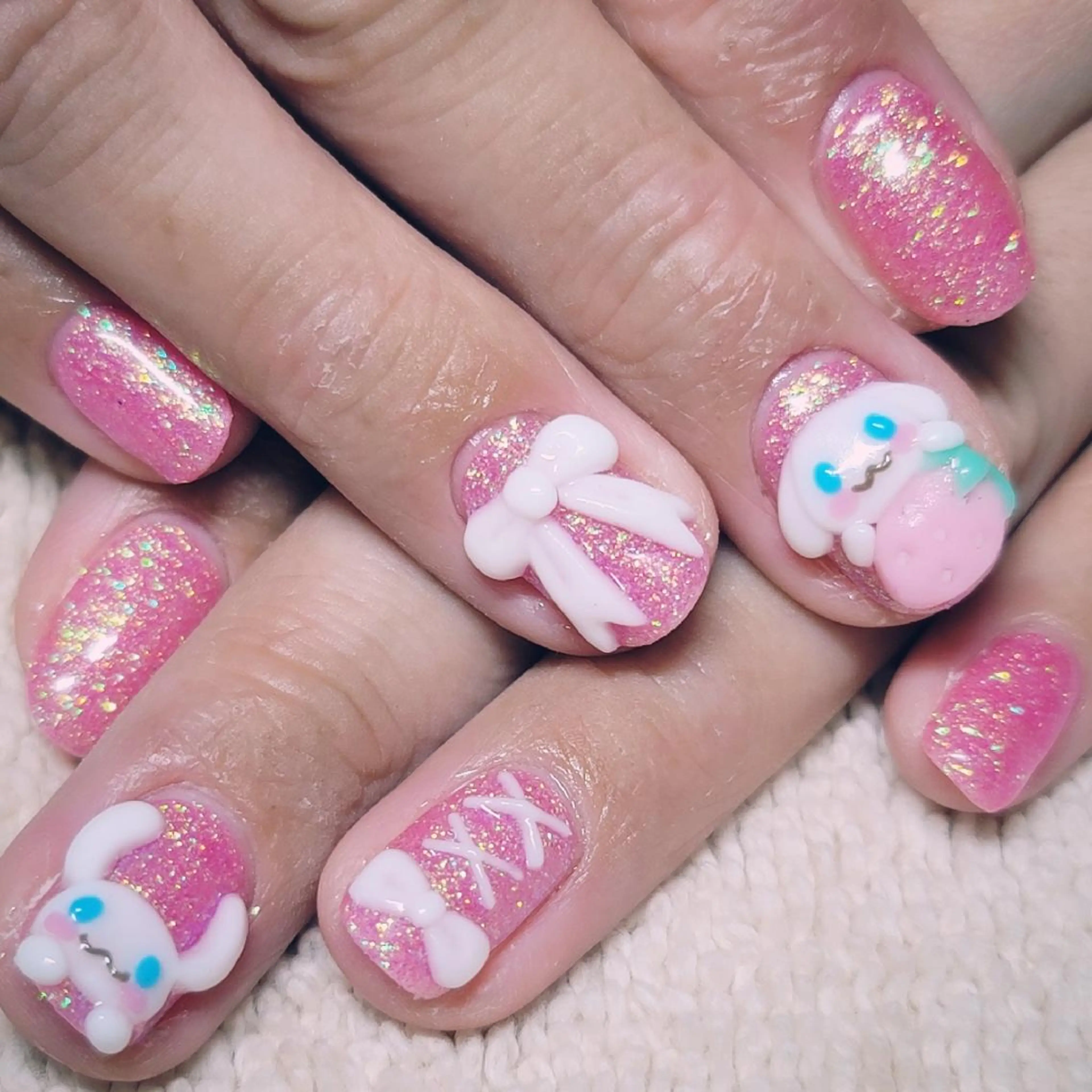 ネイル ラメ(グリッター) ワンカラーネイル ピンク リボン ホワイト ハンドネイル よしだ ひろきのネイルデザイン