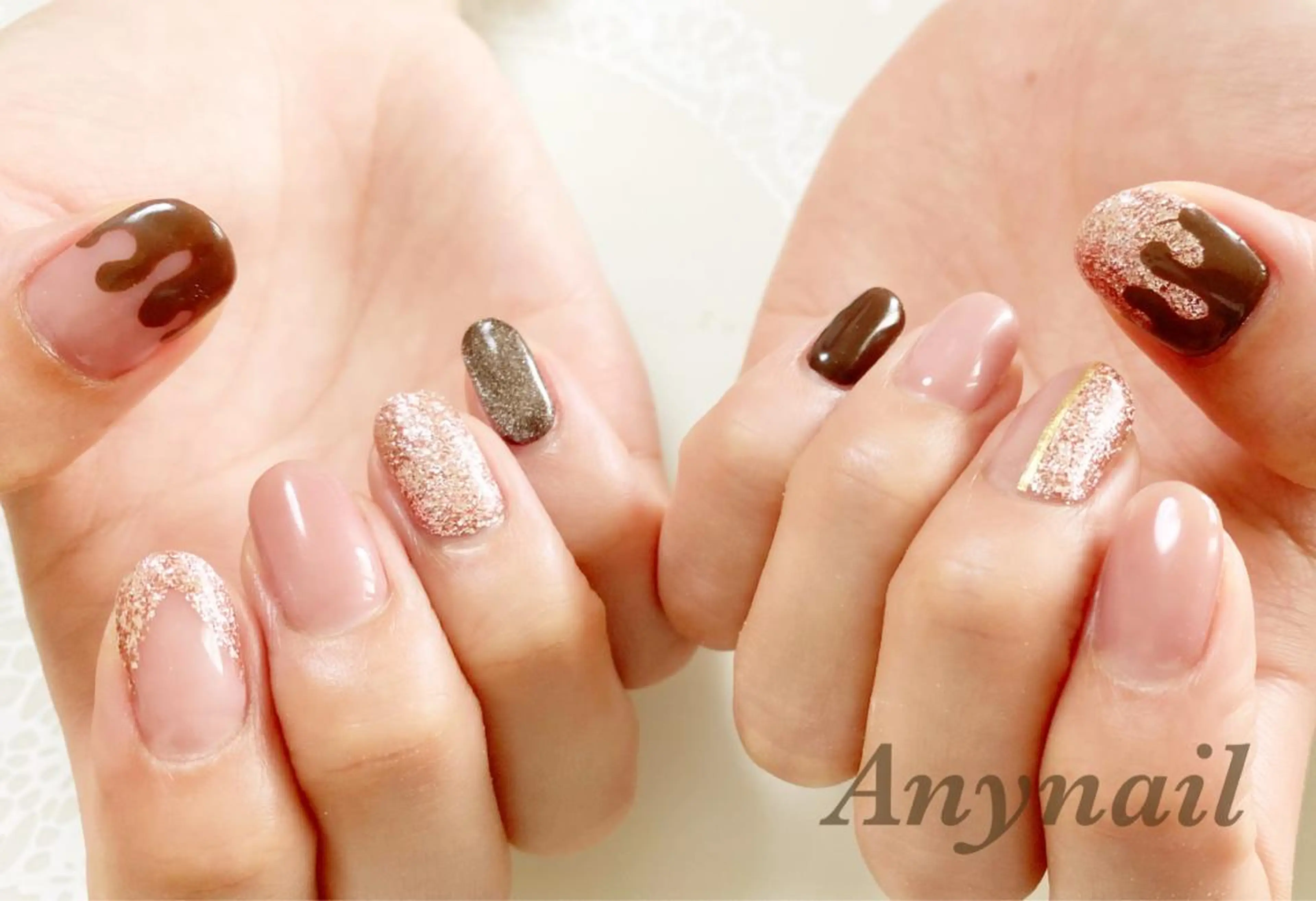 ネイル ブルー ラメ(グリッター) ピンク ハンドネイル 岩澤 恵子のネイルデザイン