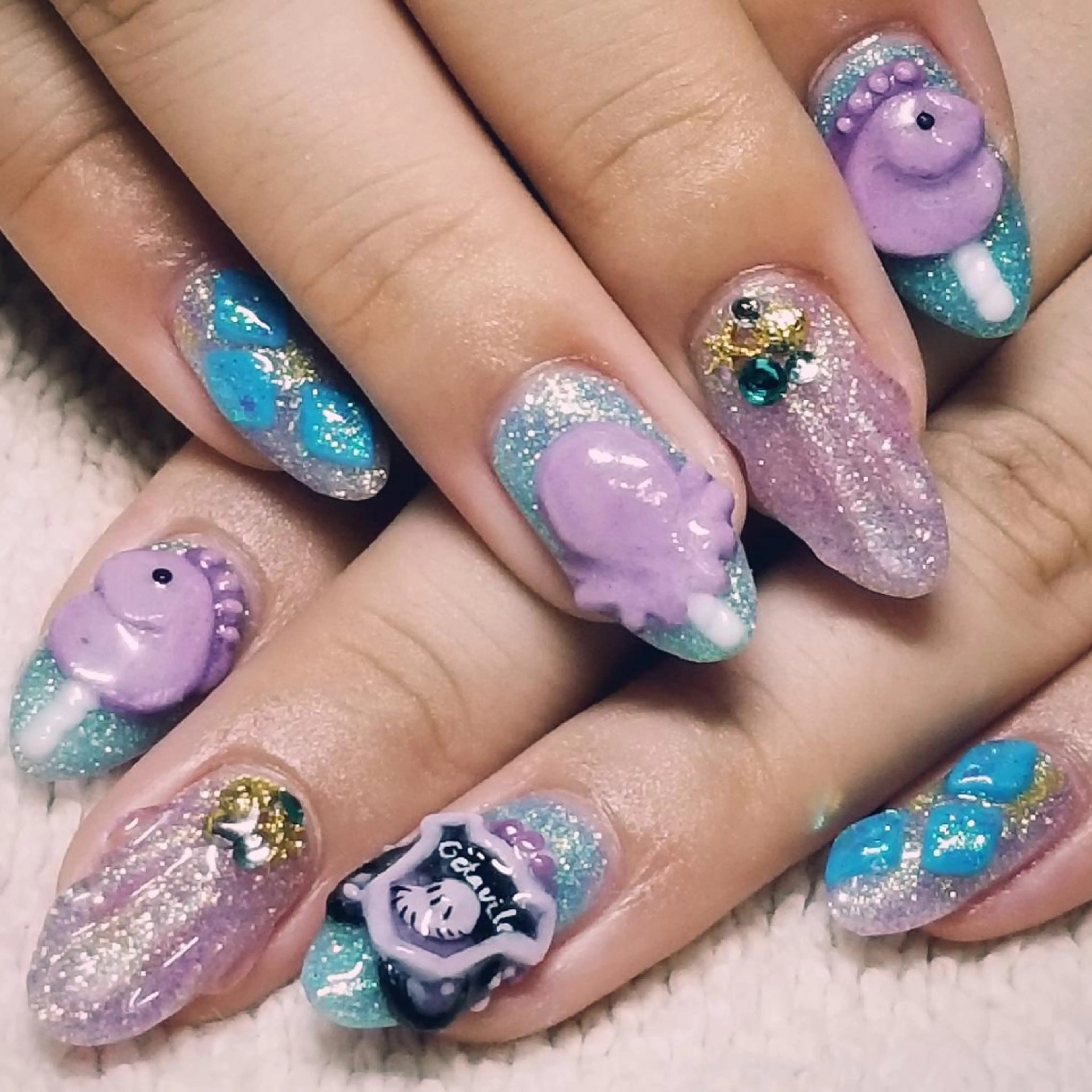 ネイル ブルー ラメ(グリッター) パープル ハンドネイル よしだ ひろきのネイルデザイン