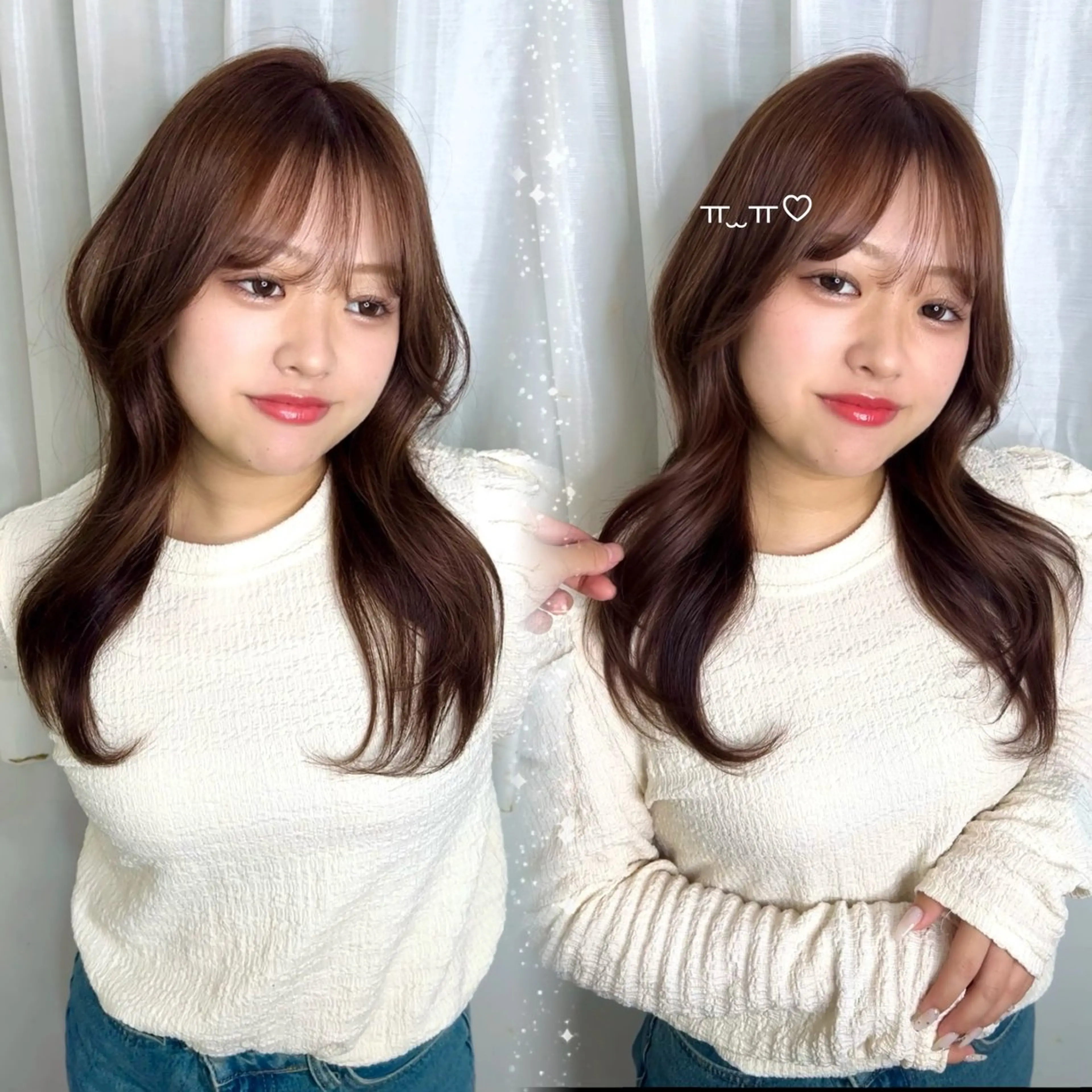 セミロング チョコレートブラウン ヘアカラー 𝜗𝜚ブリーチ ／レイヤー𝜗𝜚のヘアスタイル