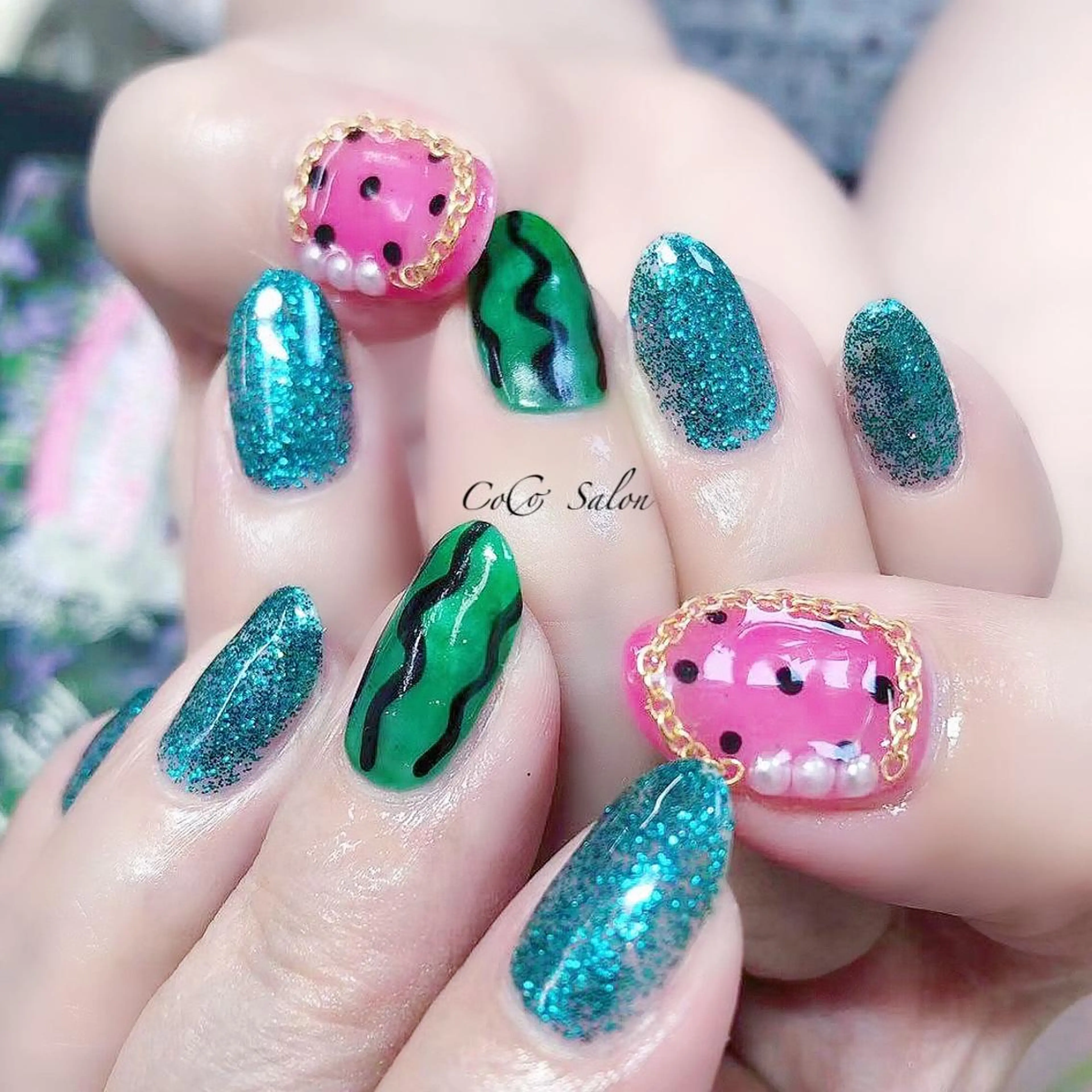 ネイル ブルー ドット 長さ出し ジェルネイル キラキラネイル CoCoSalon ネイル/まつ毛予約のネイルデザイン