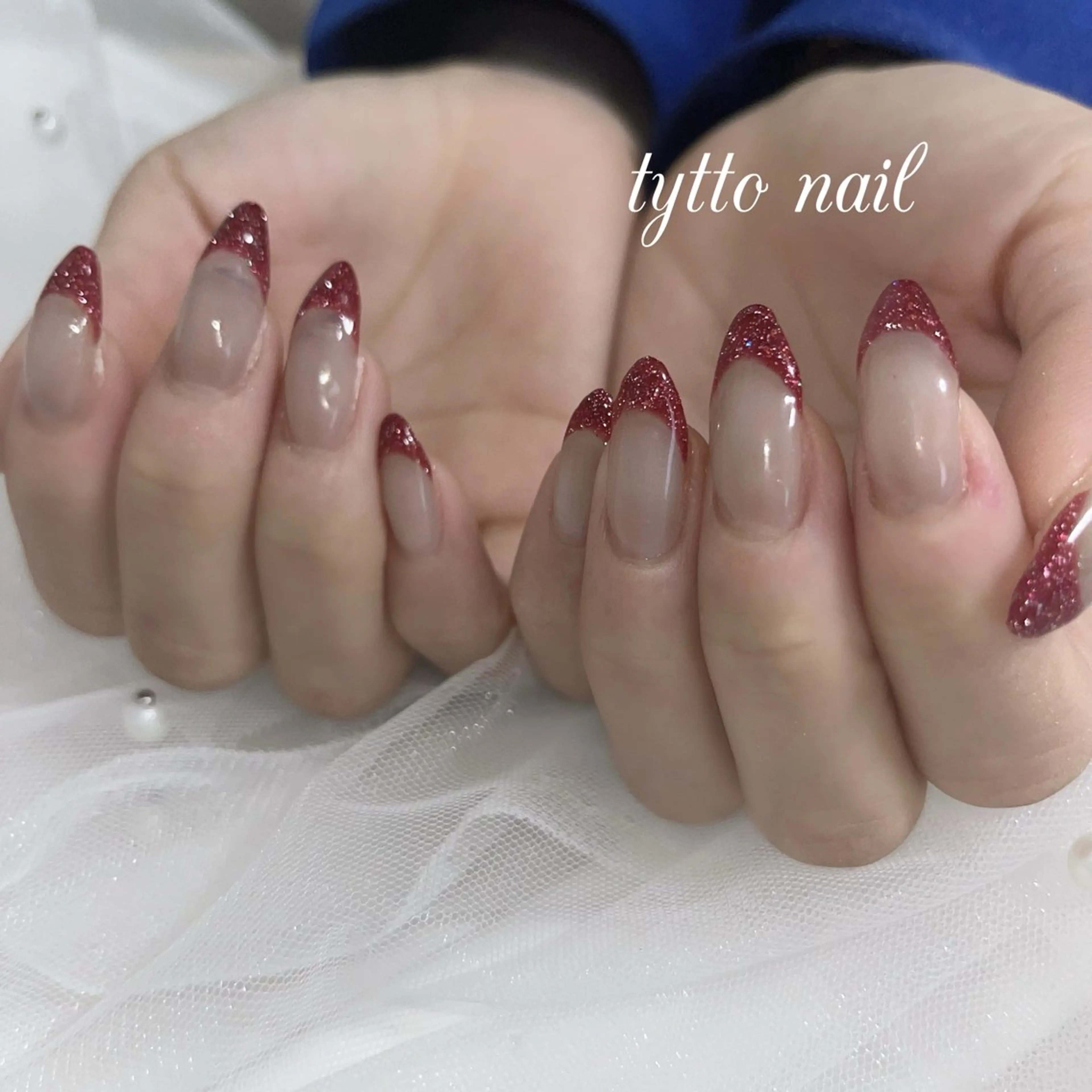 ネイル フラッシュネイル フレンチネイル キラキラネイル ラメ(グリッター) 赤色 ハンドネイル tytto nail ❤︎‪‪eri‪‪のネイルデザイン