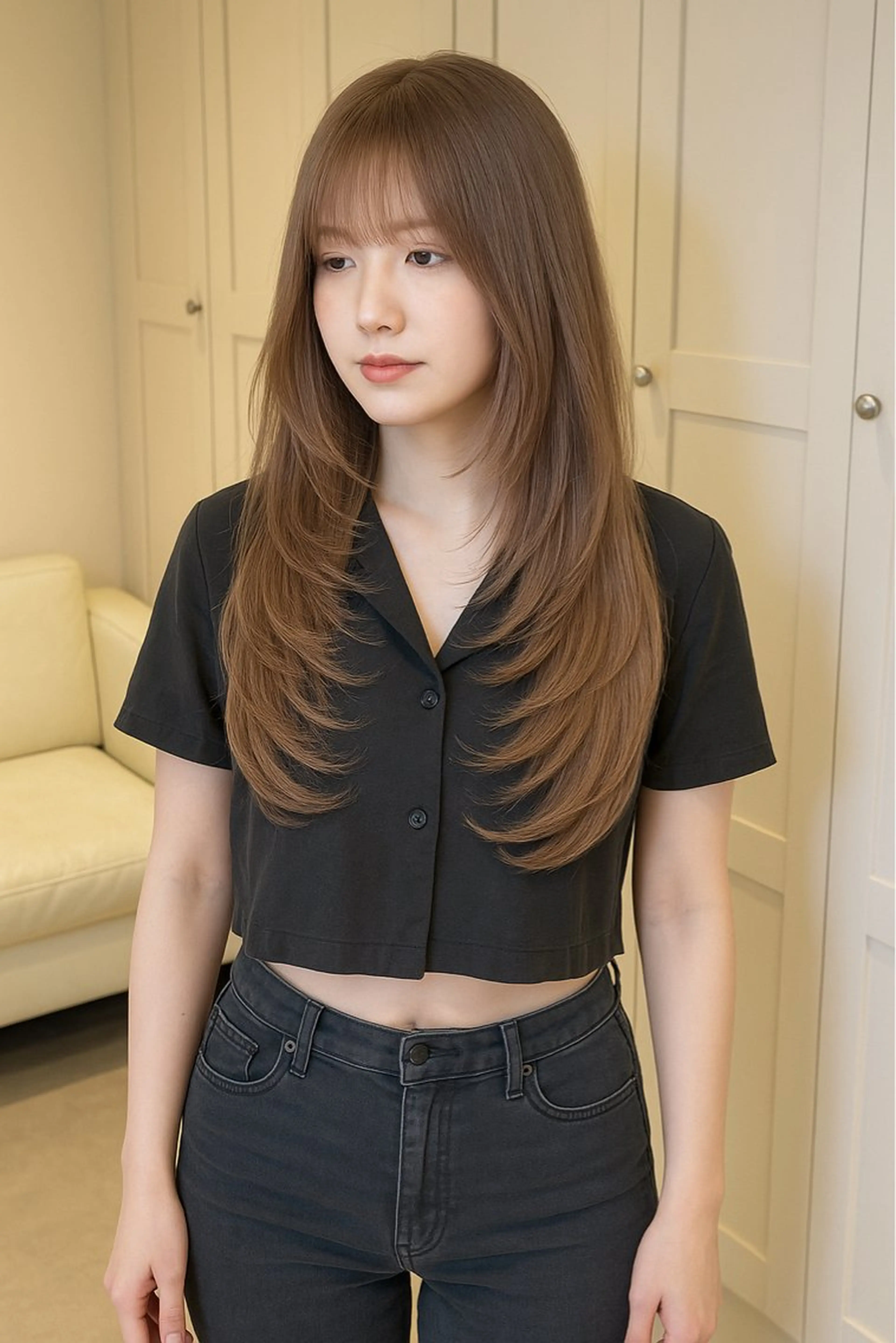 セミロング カラー パーマ ヘアアレンジ メンズ キッズ カット トリートメント 🦋韓国レイヤー｜ 透明感グレージュ🦋のヘアスタイル