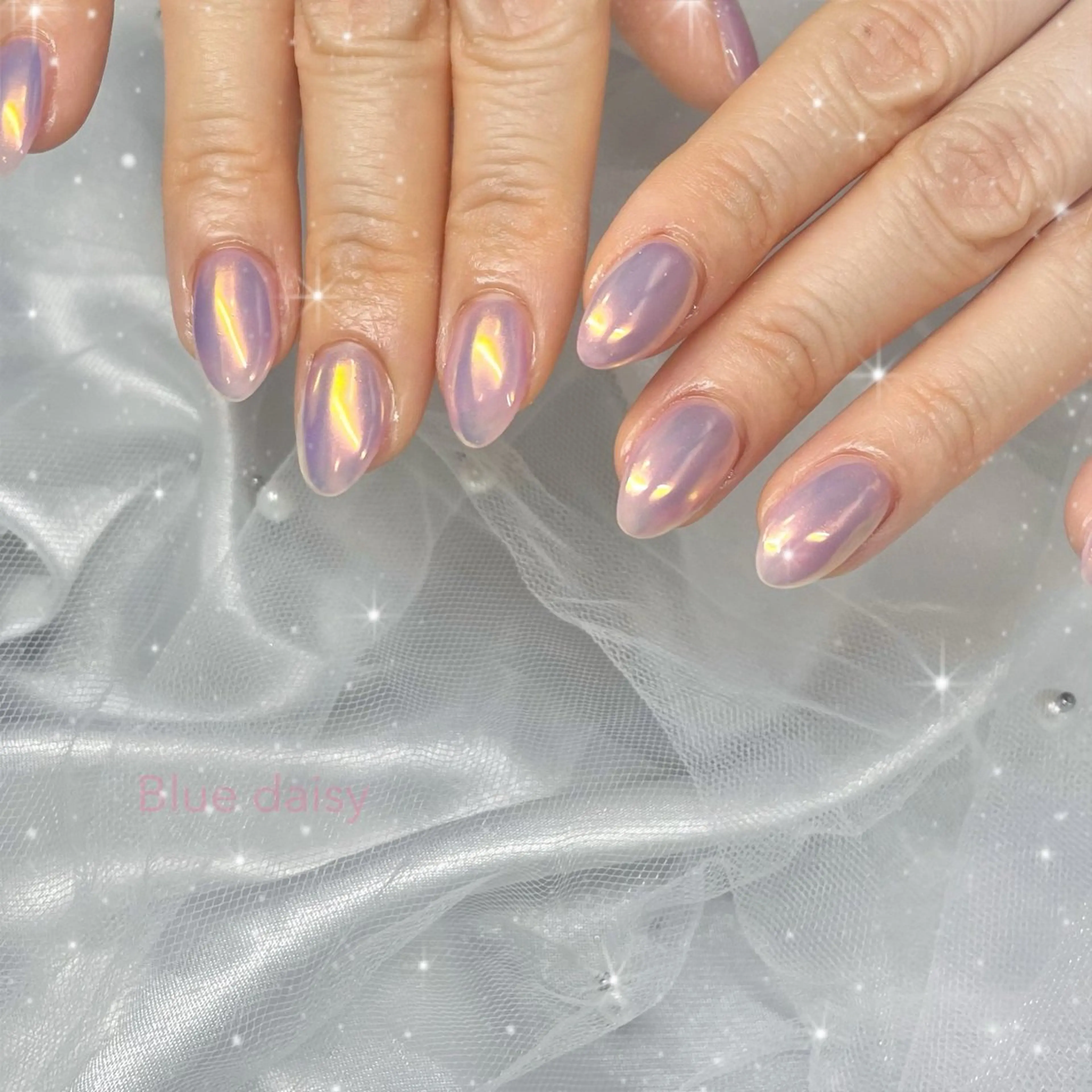 ネイル ミラーネイル ピンク Blue daisy 栄本店のネイルデザイン
