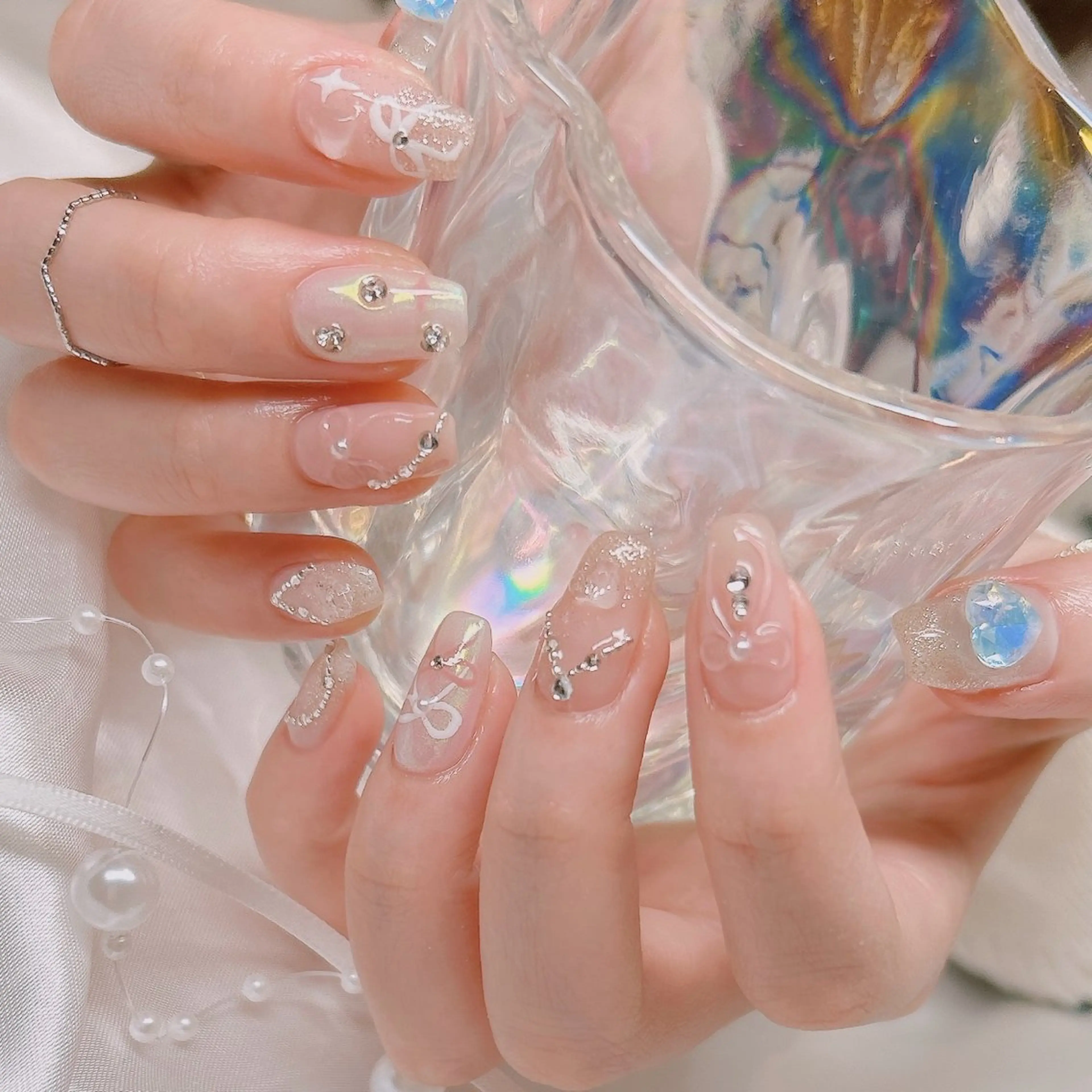 ネイル ハート キラキラネイル リボン ハンドネイル junna 金山.東別院.上前津のネイルデザイン