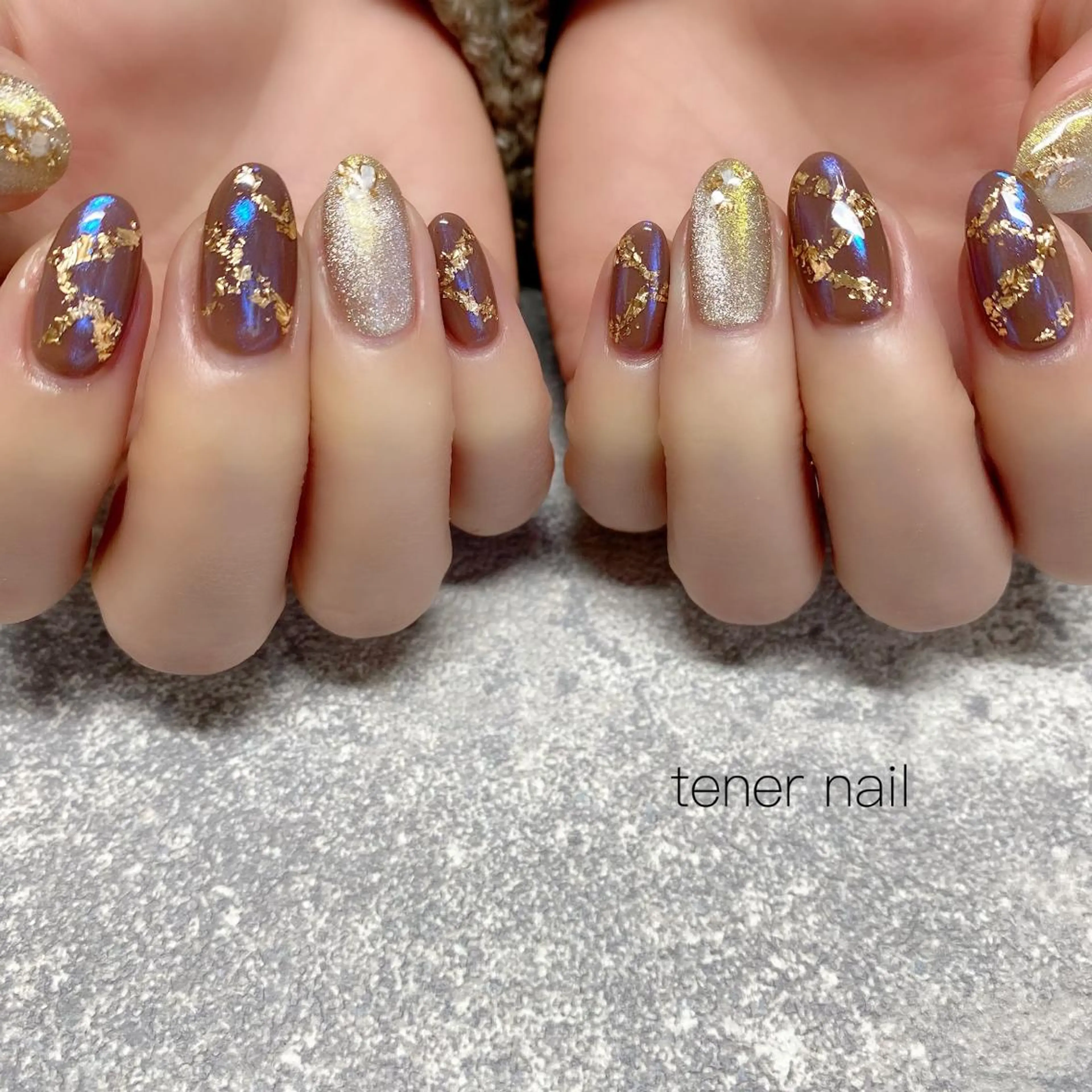ネイル オーロラネイル ブルー ブラウン テネルネイル tener nailのネイルデザイン