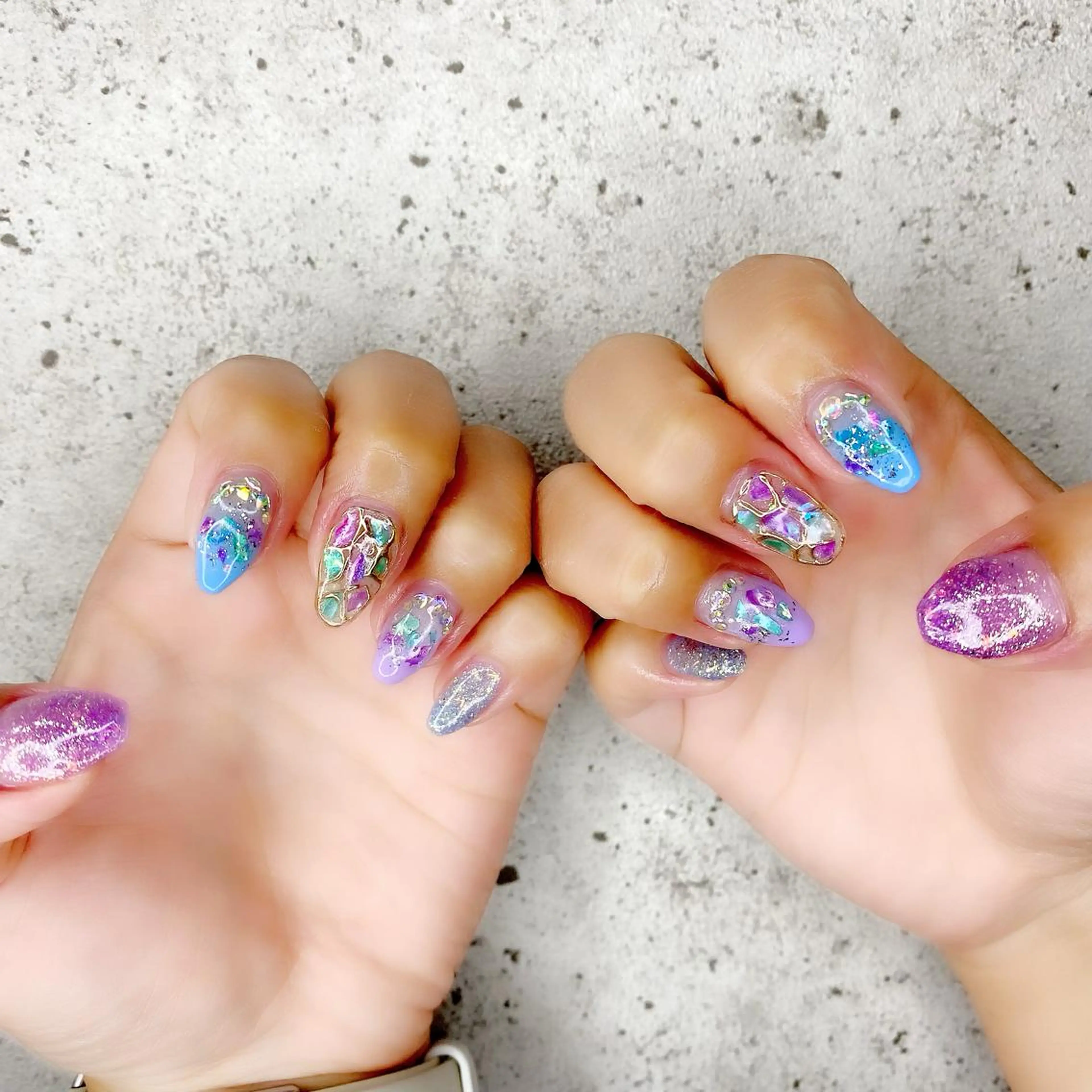 セミロング カラー パーマ ヘアアレンジ メンズ キッズ ネイル マツエク・マツパ アイブロウ ブルーカラー パープルカラー アートネイル ブルー パープル ハンドネイル Salon Kのネイルデザイン