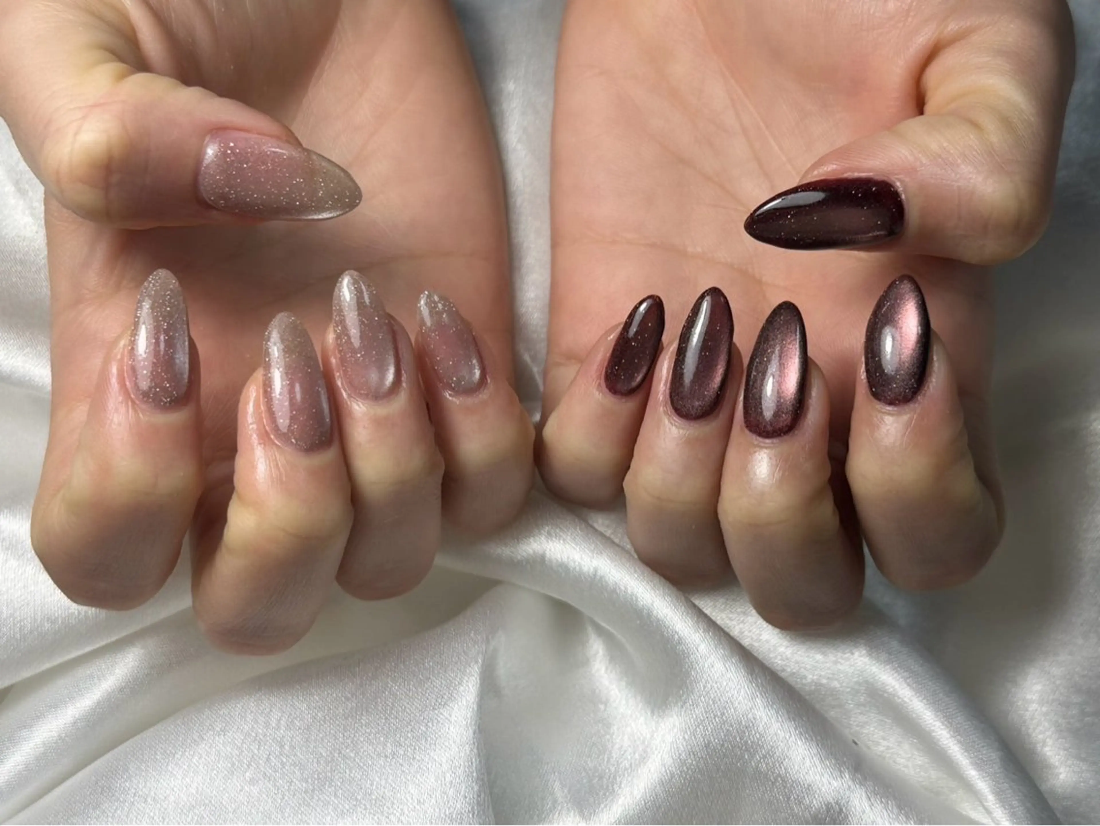 ネイル オーロラネイル 桜ネイル フラッシュネイル フラッシュマグ フラワーネイル ハンドネイル kikinail 溝の口のネイルデザイン