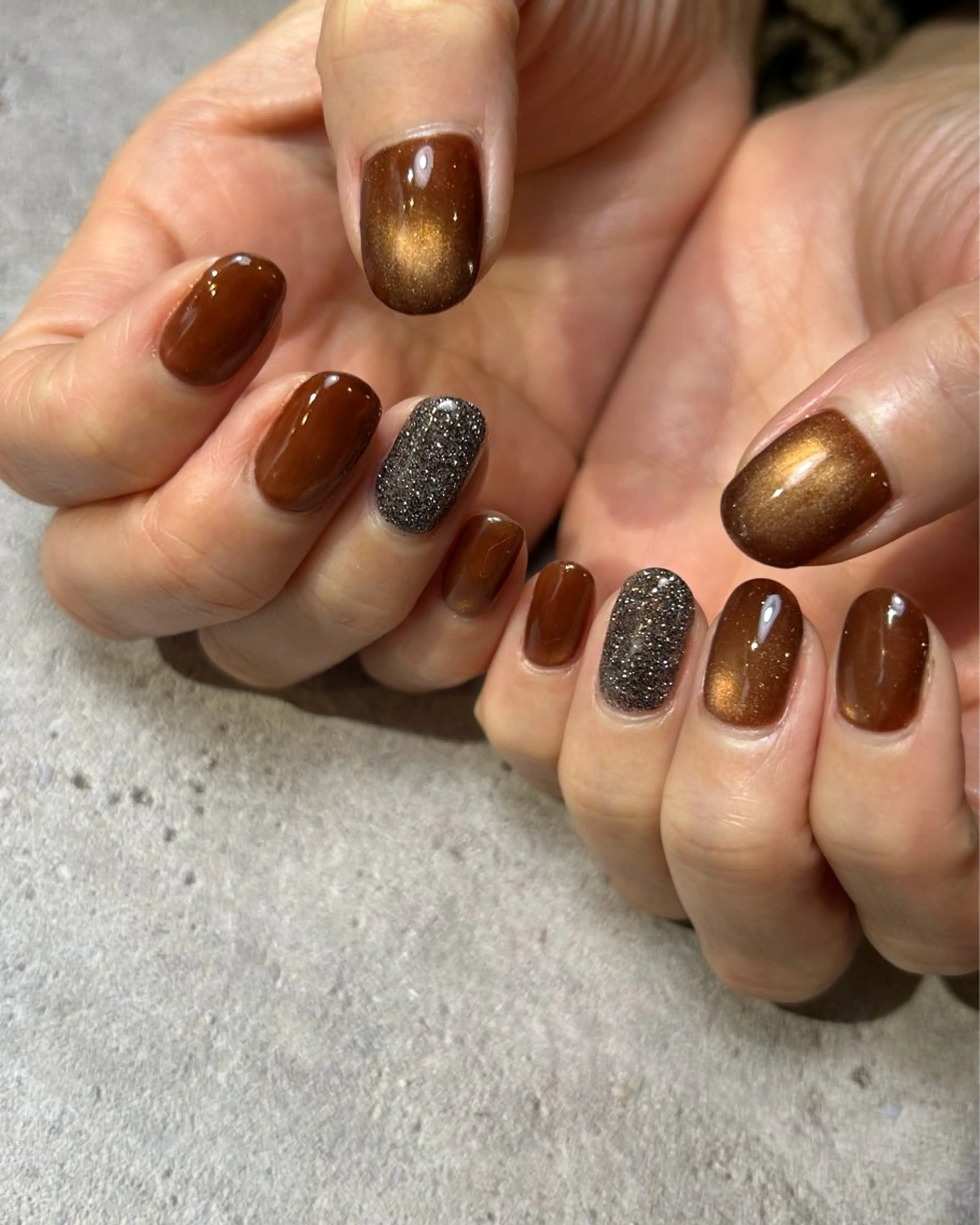 ネイル ブラウン フラッシュネイル ラメ(グリッター) ハンドネイル Reflection marikoのネイルデザイン