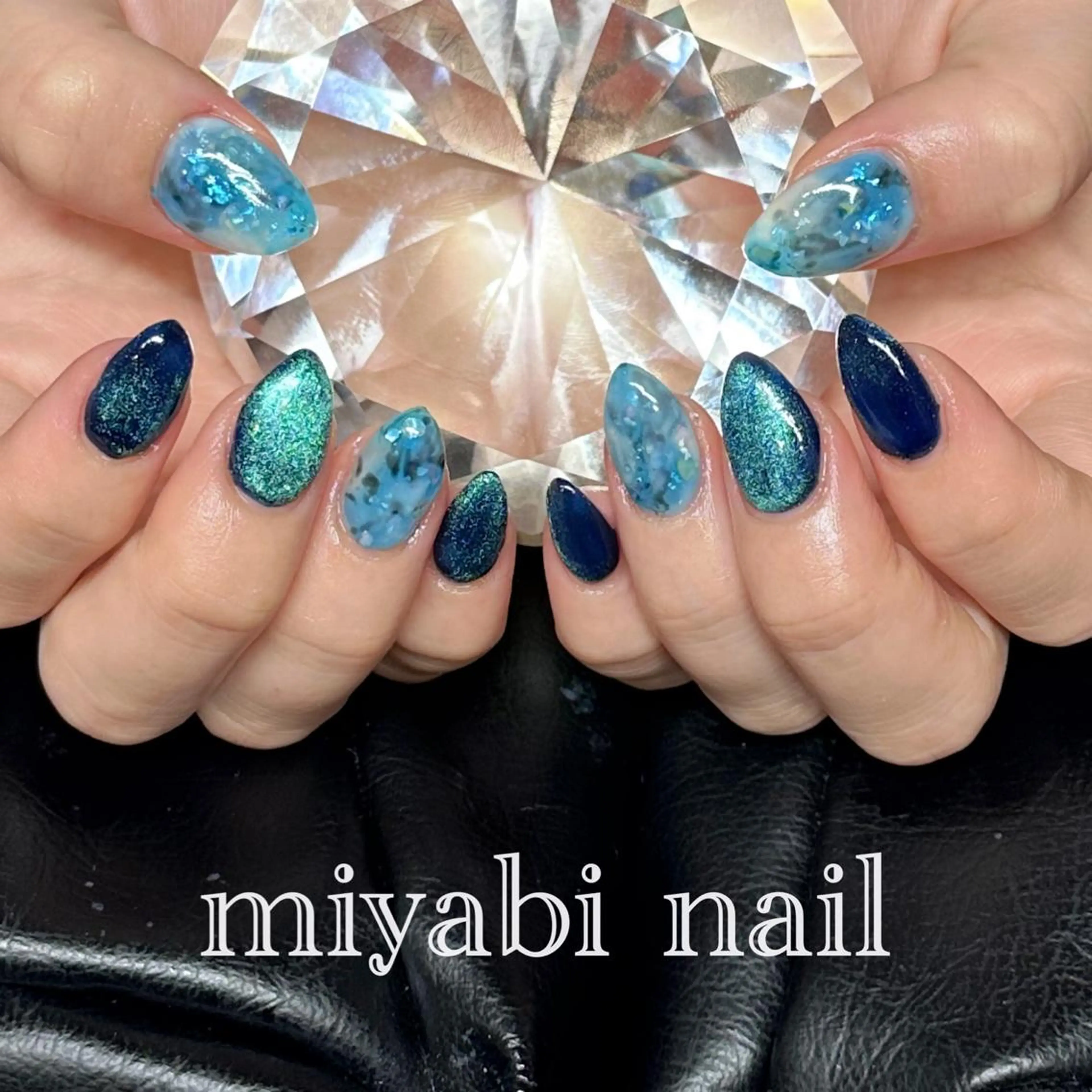 ネイル アートネイル ブルー ジェルネイル グリーン マグネットネイル ハンドネイル miyabi nail 桂川駅近くのネイルデザイン