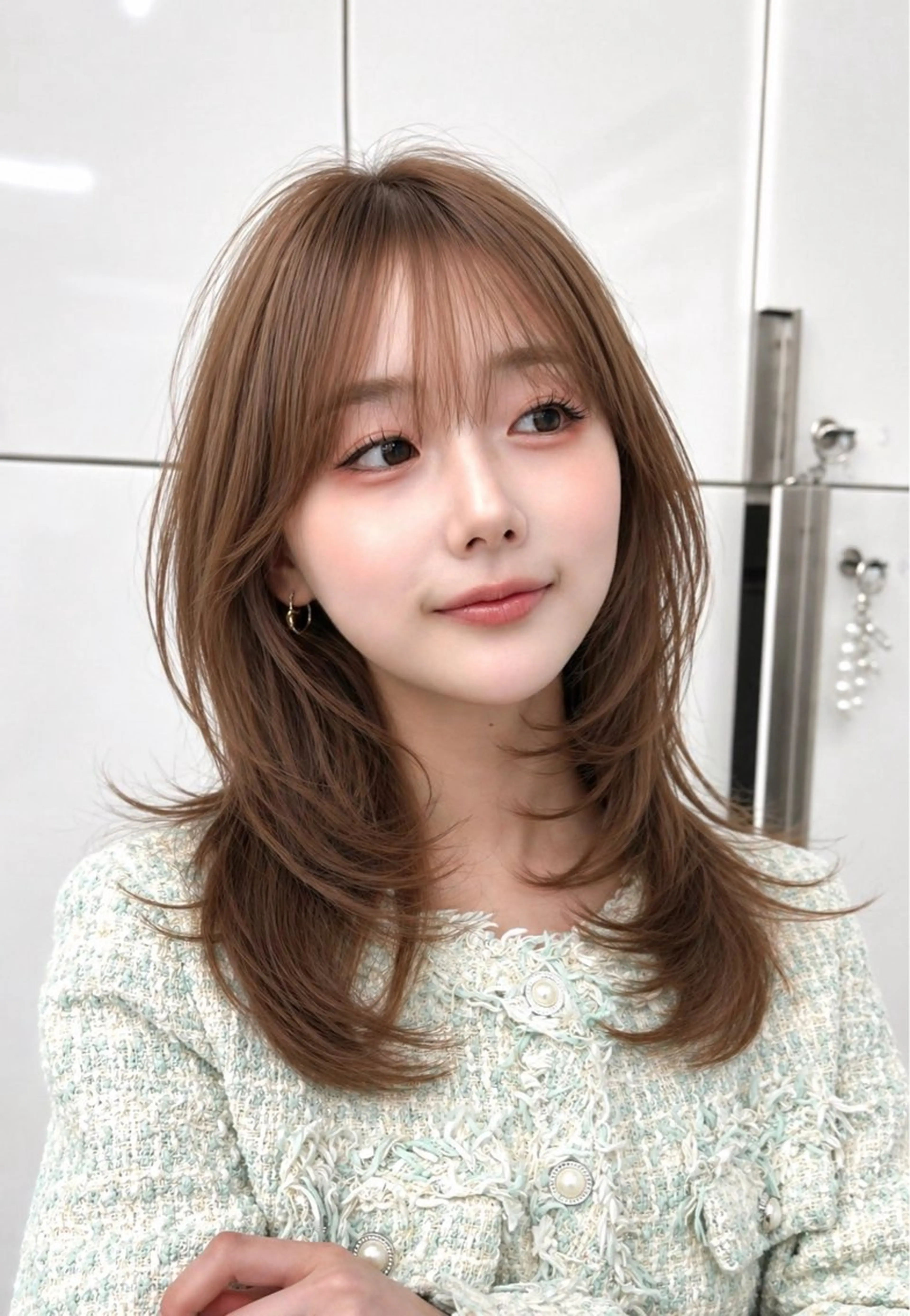 ロング カラー ベージュカラー オリーブベージュ 顔まわりレイヤー ハイレイヤー 韓国風ヘア カット ヘアカラー トリートメント ヘッドスパ 透明感カラー✨🩵 韓国ヘアkanatoのヘアスタイル