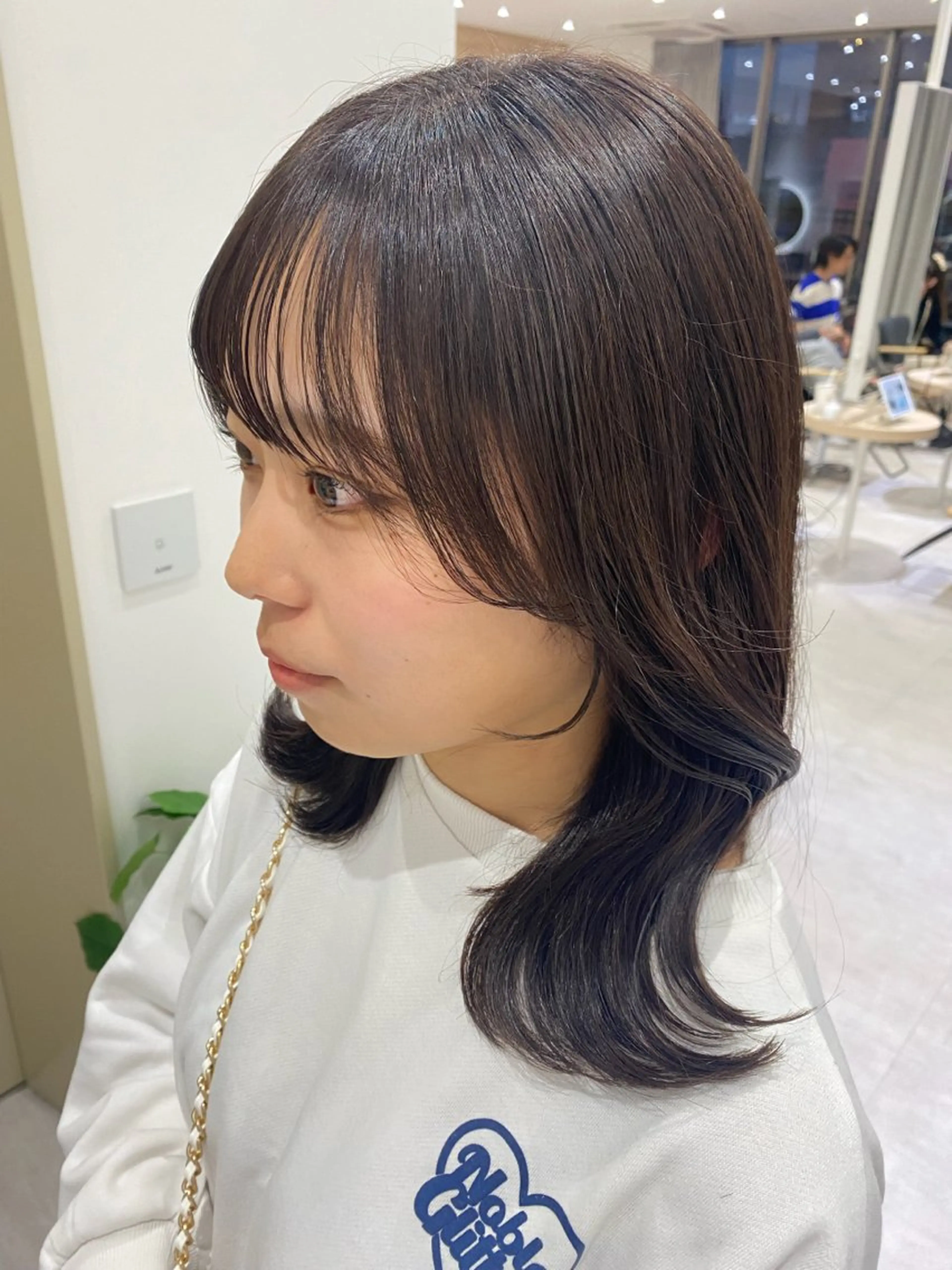 ミディアム カラー ヘアアレンジ アッシュ アッシュブラック ベージュカラー 黒髪 ブルーカラー カット ヘアカラー トリートメント 髪質改善/艶カラー 🎀レイヤーカットのヘアスタイル