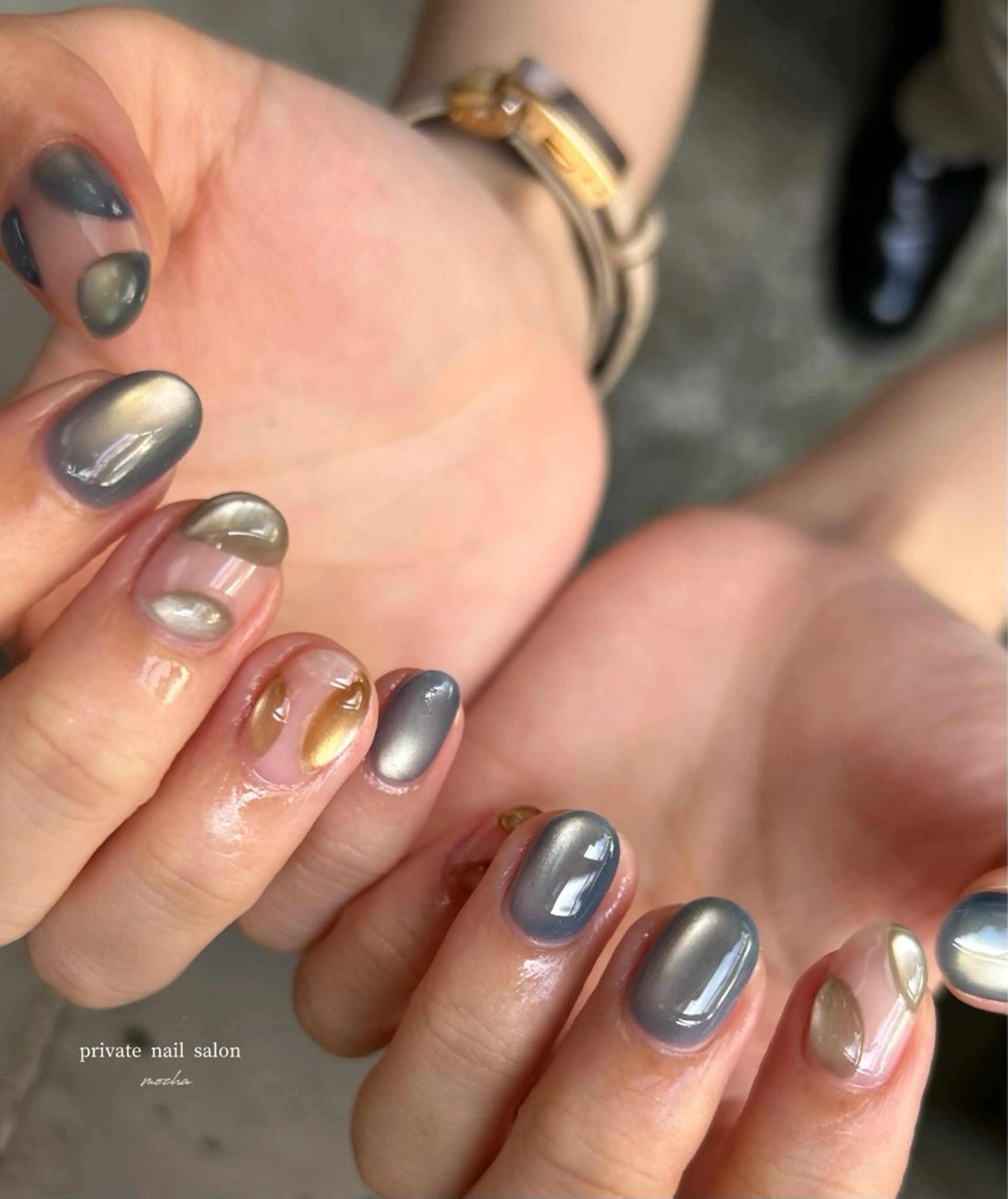 ネイル カジュアル フレンチネイル マグネットネイル ミラーネイル ニュアンスネイル ハンドネイル mocha nailのネイルデザイン