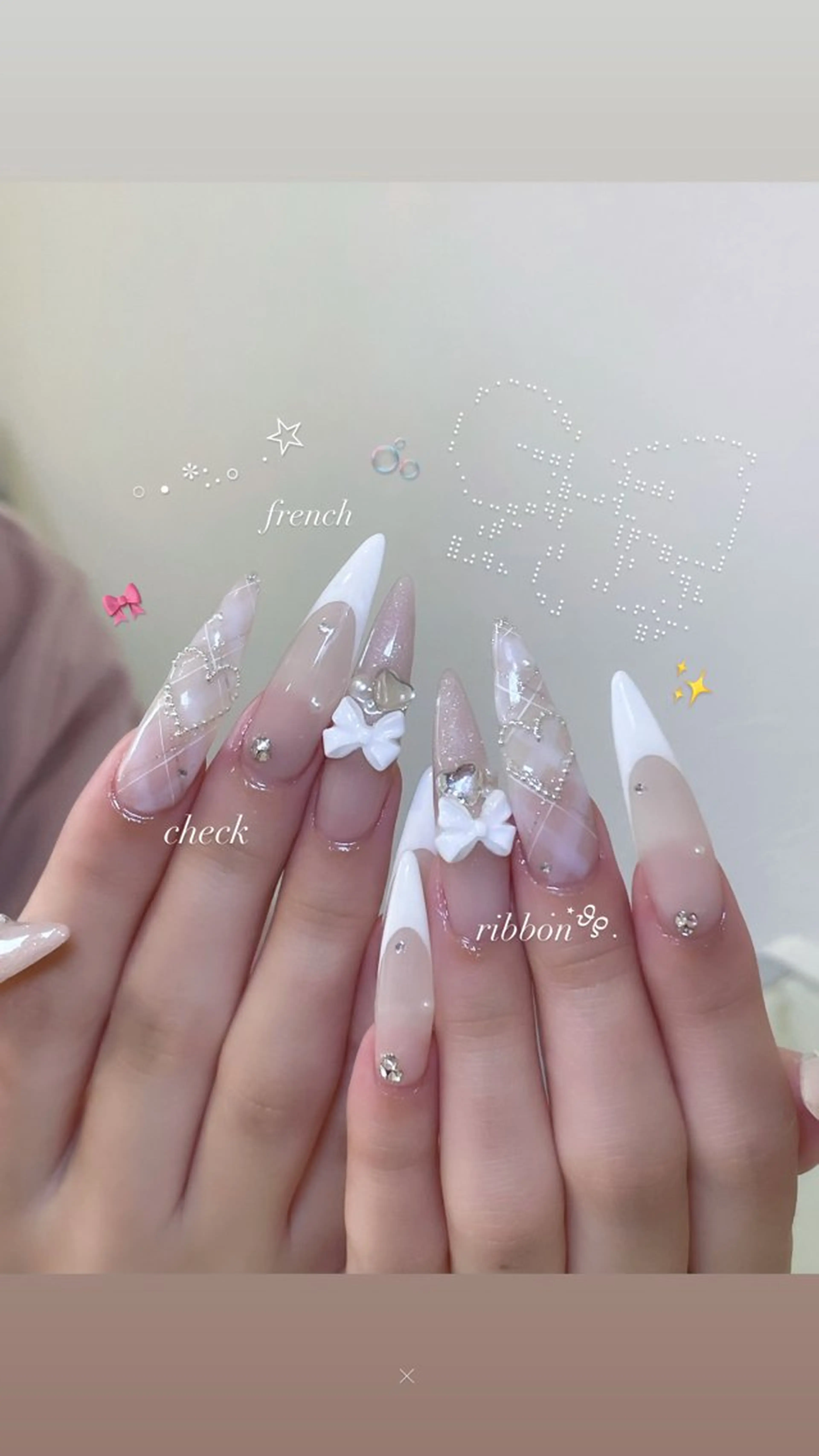 ネイル ロングネイル リボン ネイルチップ ハンドネイル Lua🌙ワンホン♡ ギャル♡推し活♡のネイルデザイン