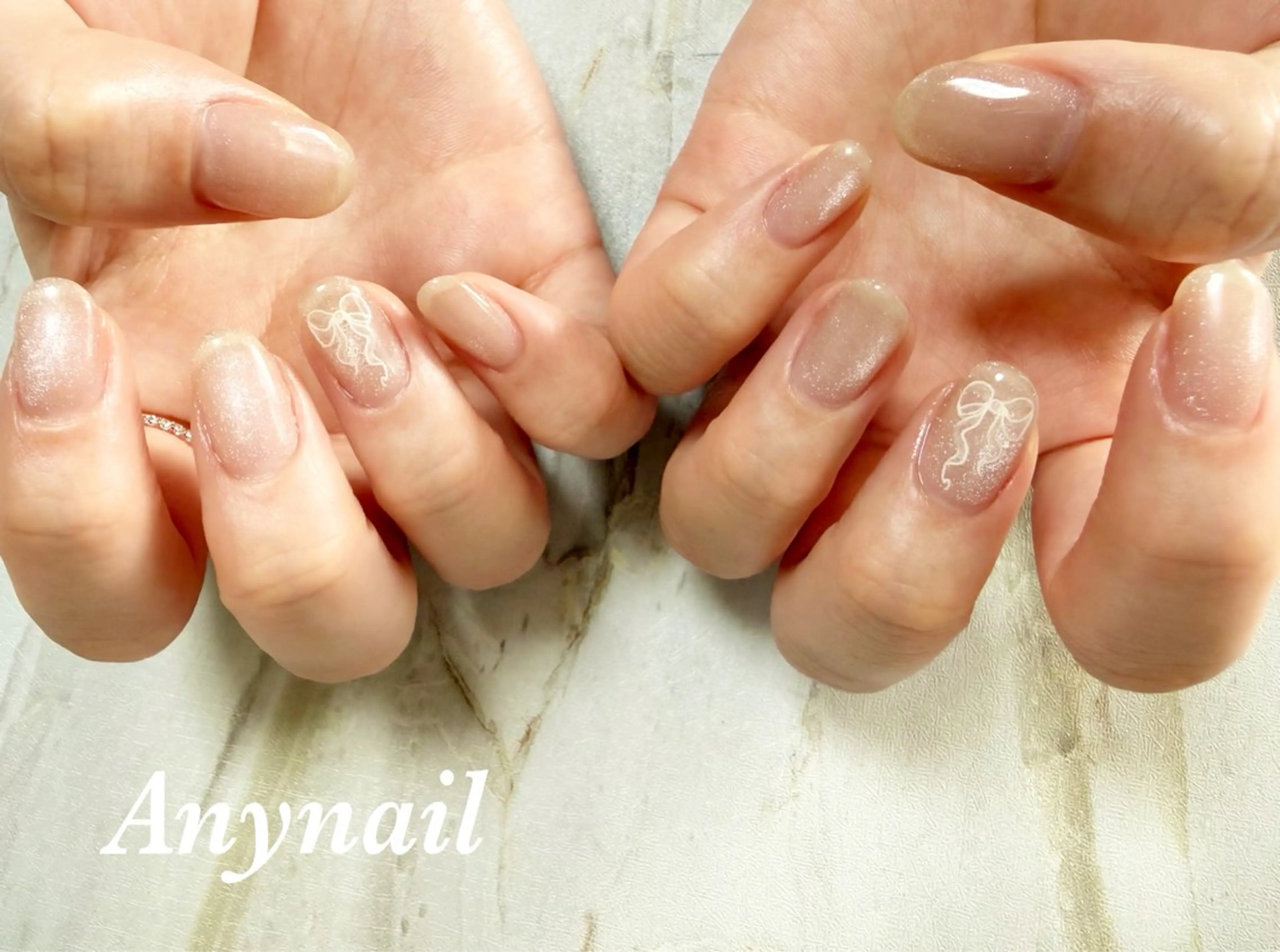 ネイル ブルー クリアネイル マグネットネイル オフィスネイル リボン 岩澤 恵子のネイルデザイン