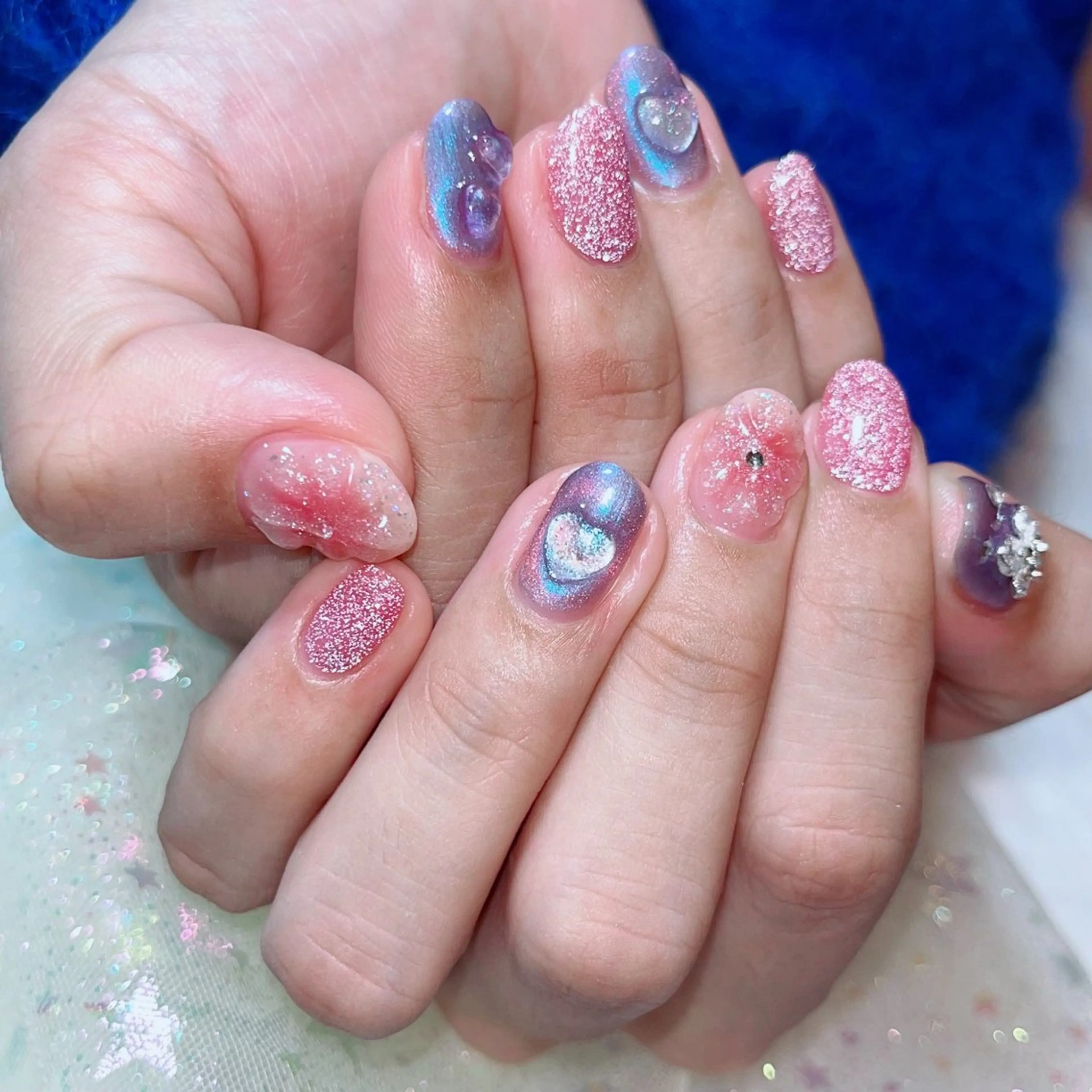 ネイル ブルー フラッシュネイル ピンク 春ネイル RUI ☆のネイルデザイン