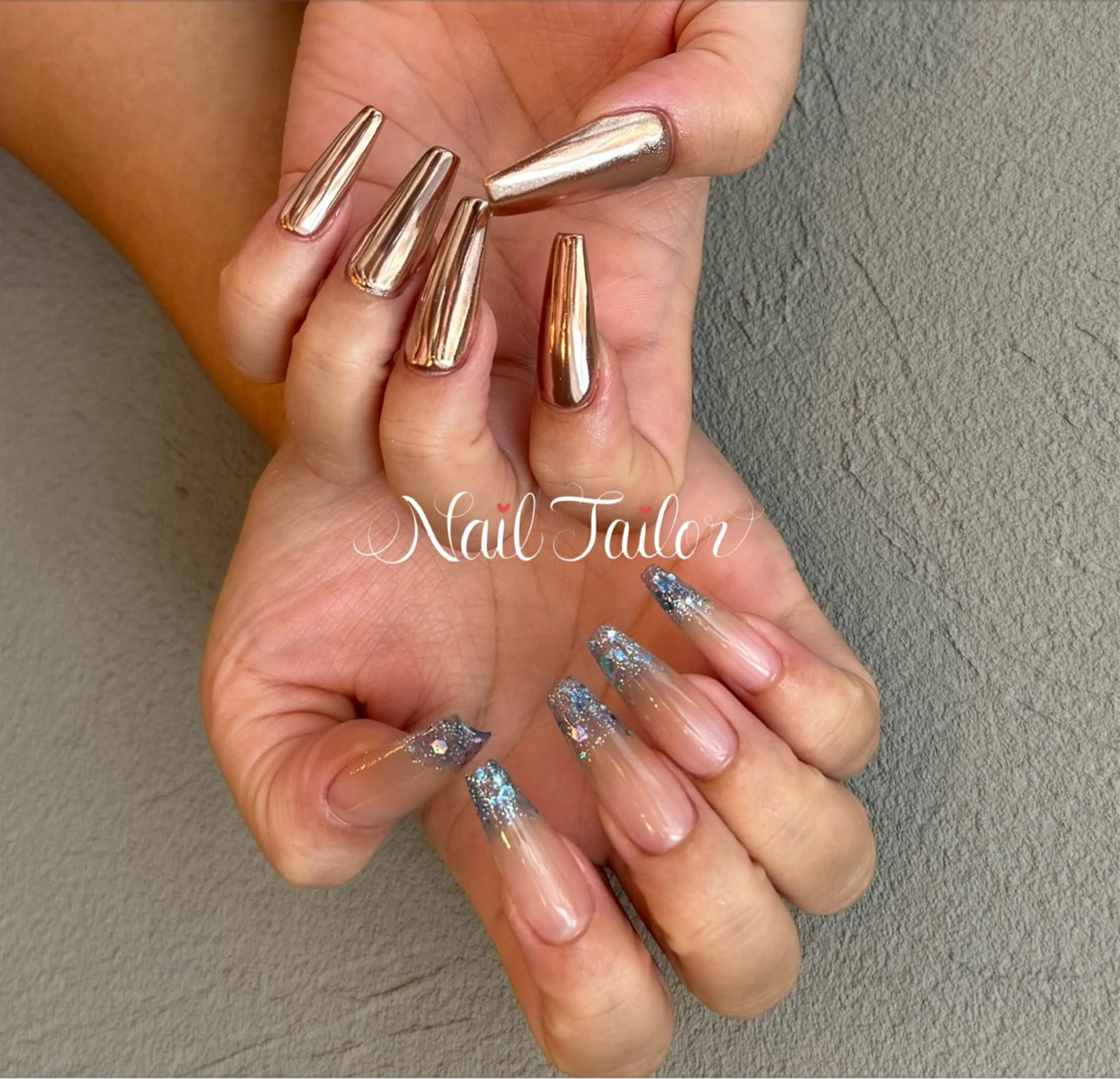 ネイル ブルー クリアネイル 長さ出し ゴールド グラデーション NailTailor ネイルテイラーのネイルデザイン