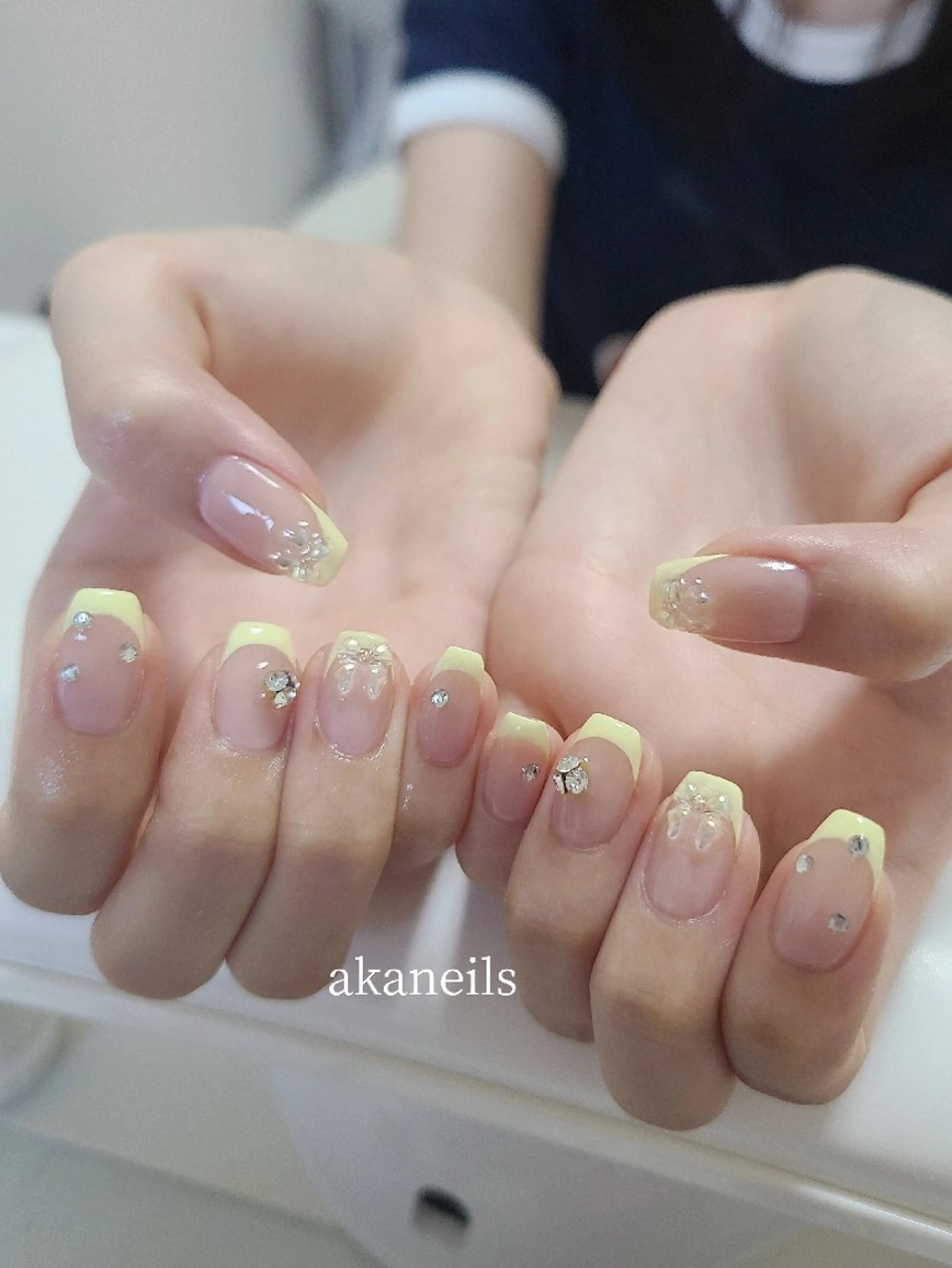ネイル フレンチネイル 持ち込み パステルネイル リボン 黄色 ハンドネイル 【akaneils】 アカネのネイルデザイン