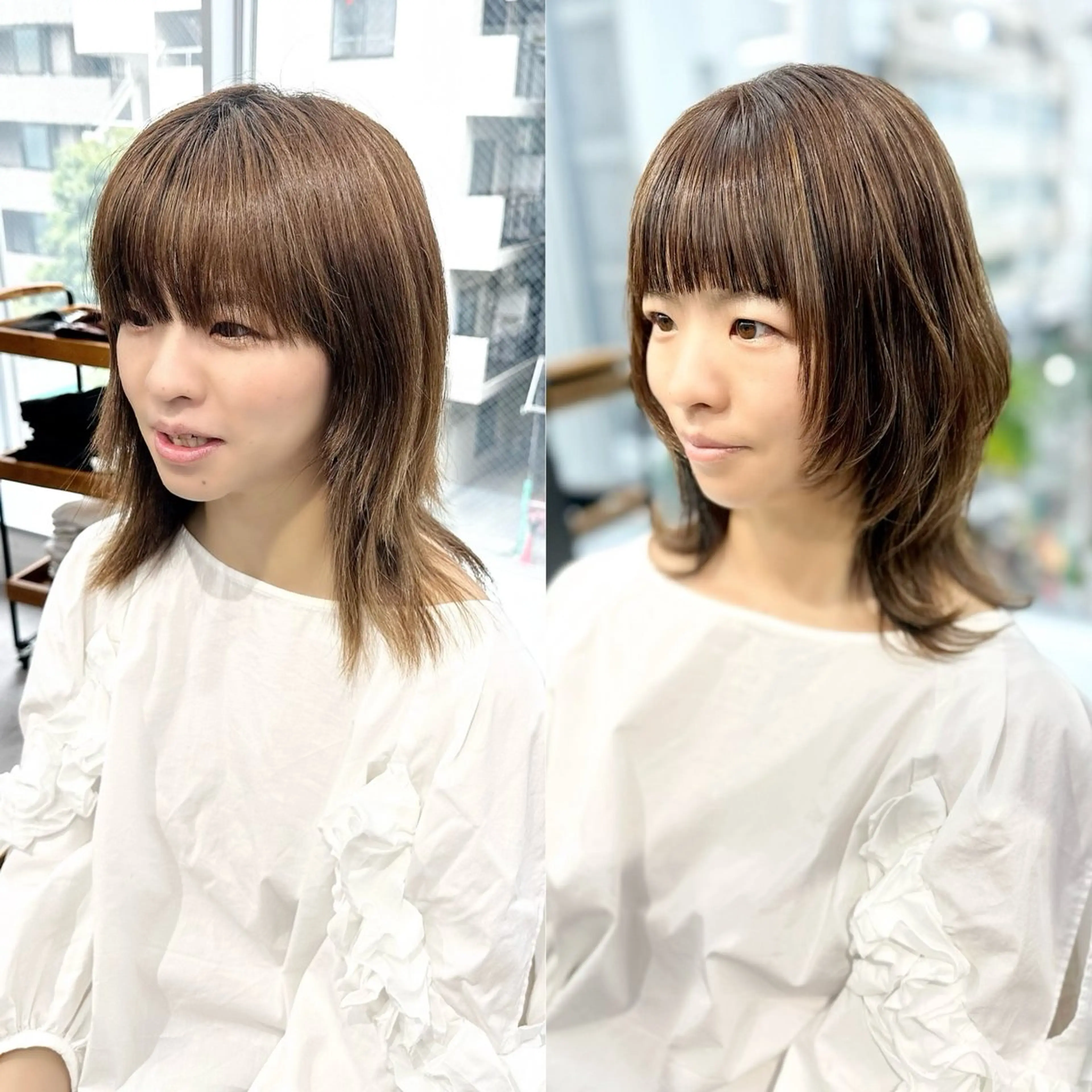 ミディアム カラー パーマ ヘアアレンジ メンズ キッズ カット 縮毛矯正 レイヤーカット 🌿透け感カラーのヘアスタイル