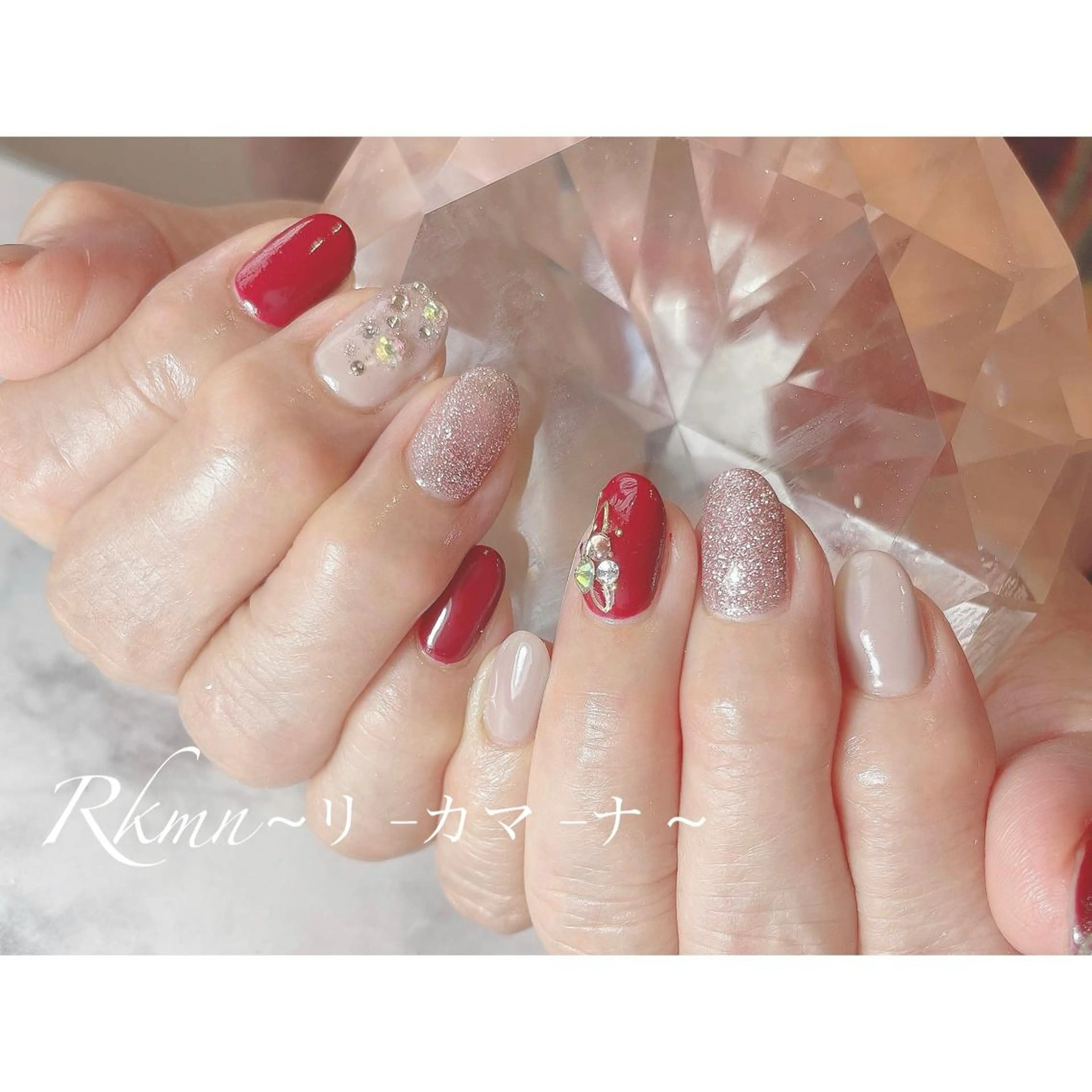 ネイル アートネイル ボルドー ラメ(グリッター) 春ネイル ストーンネイル ハンドネイル フットネイル ハンドケア Rkmn ~リ-カマ-ナ~のネイルデザイン