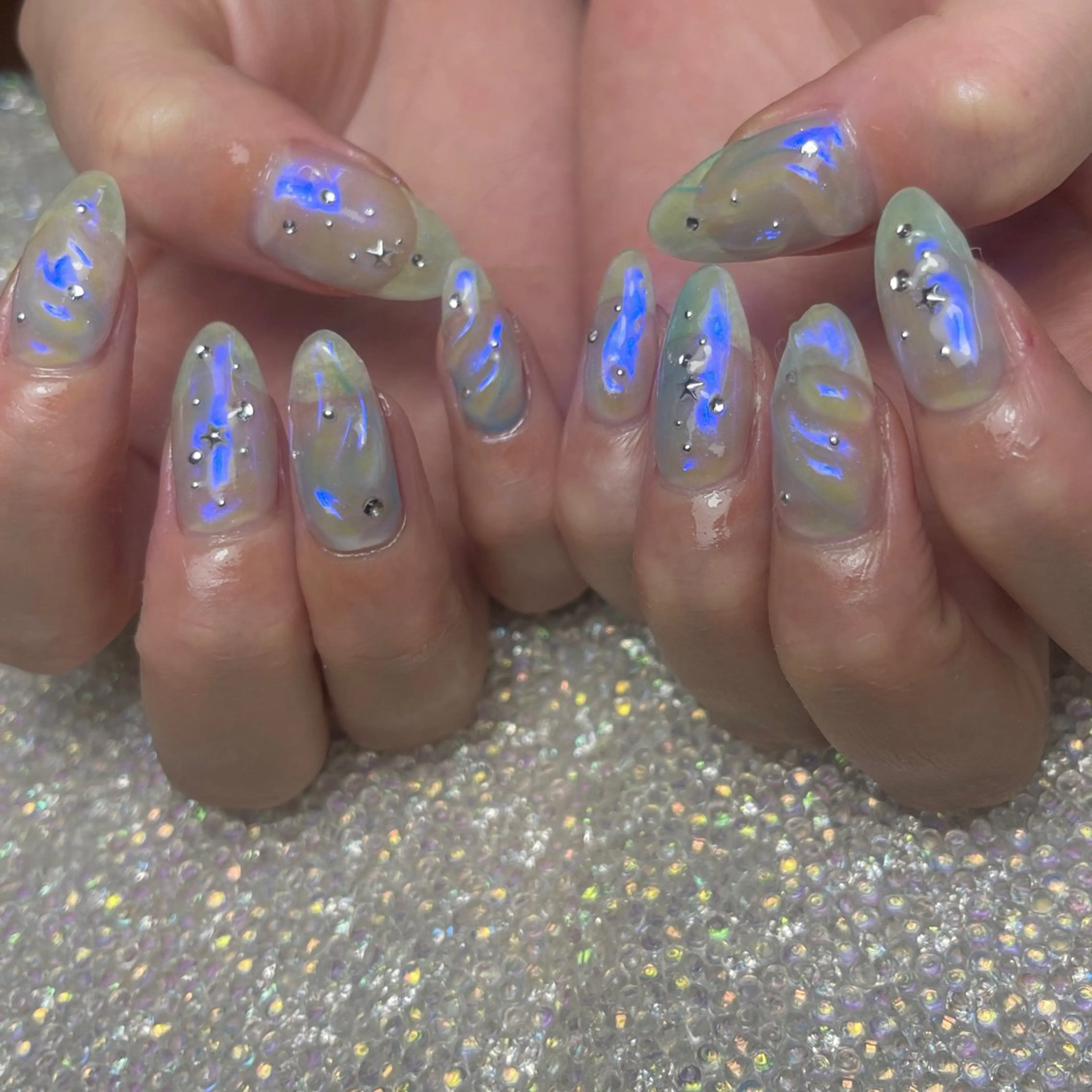 ネイル アートネイル オーロラネイル フットネイル ジェルネイル キラキラネイル フットネイル Y nail なんば堀江店のネイルデザイン