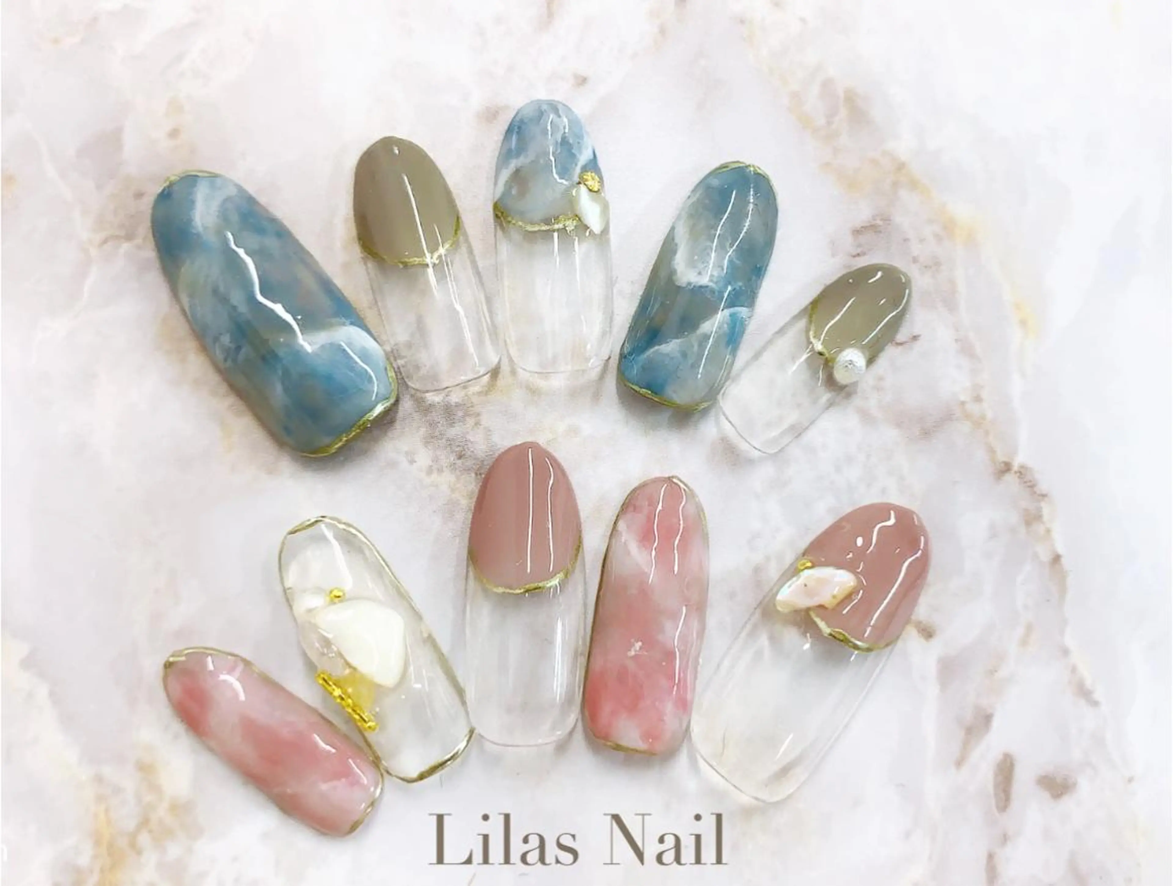 ネイル ブルー ジェルネイル ハードジェル ロングネイル 大理石ネイル(マーブル) Lilas Nailのネイルデザイン