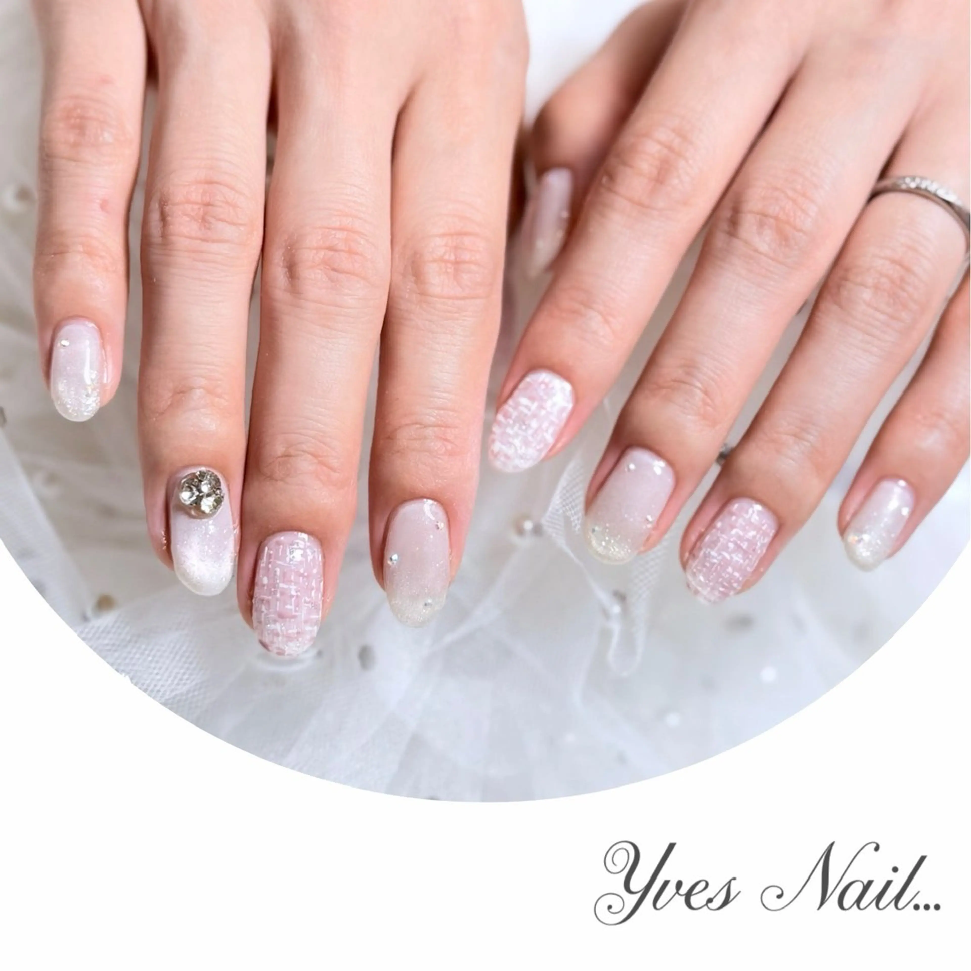 ネイル マグネットネイル ツイードネイル ホワイト 冬ネイル ハンドネイル kanno yのネイルデザイン