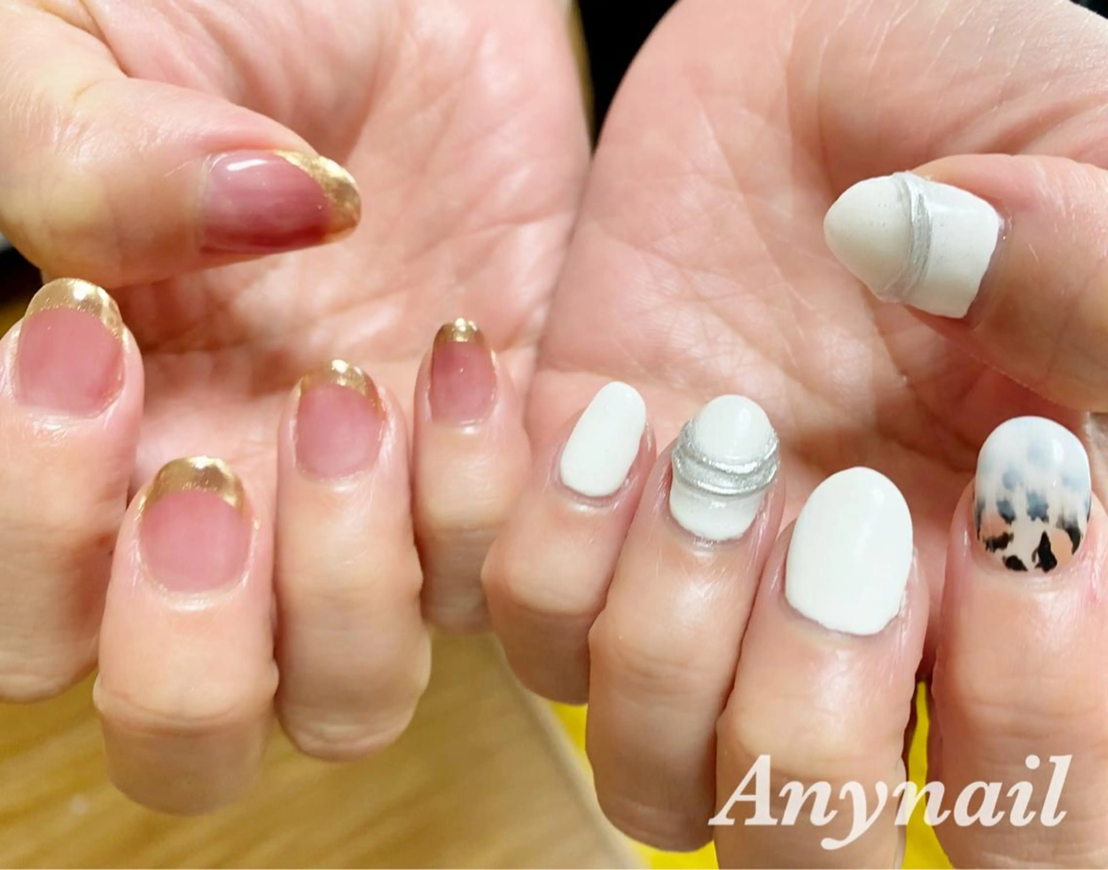 ネイル アニマル柄 ブルー フレンチネイル ミラーネイル ハンドネイル 岩澤 恵子のネイルデザイン