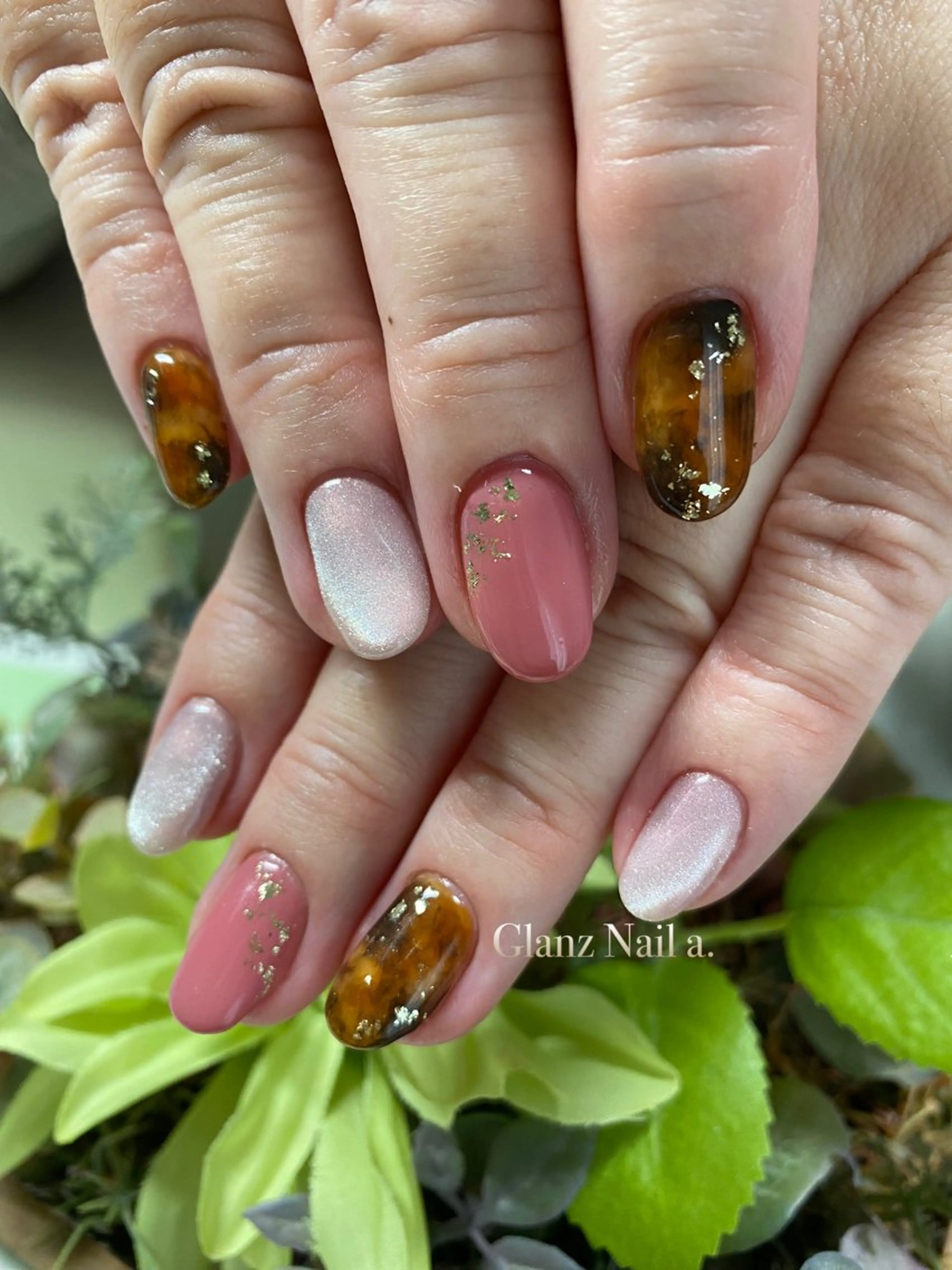 ネイル べっ甲ネイル マグネットネイル ピンク Glanz  Nail aのネイルデザイン