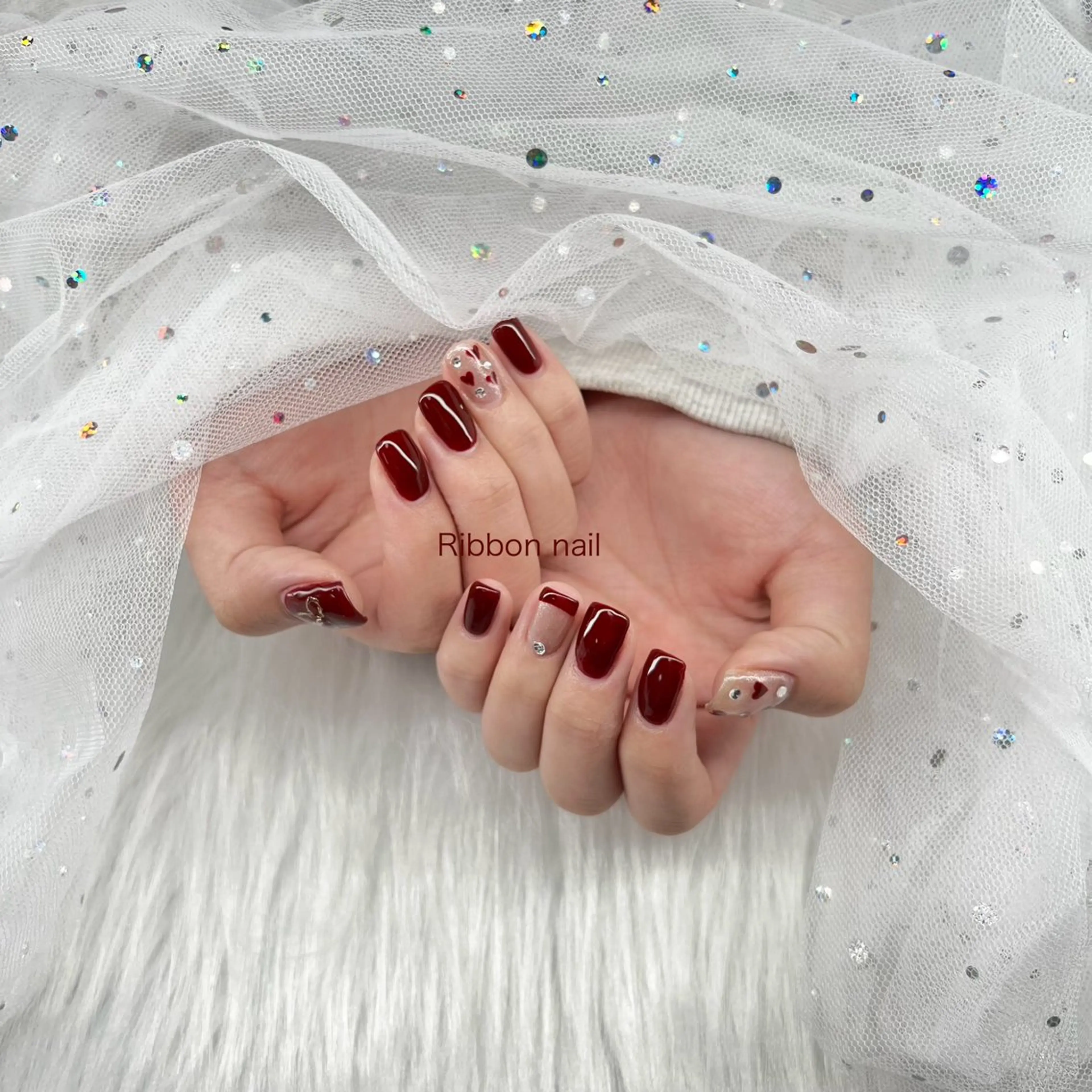 ネイル ボルドー フレンチネイル ハート ワンカラーネイル バレンタイン Nail Ambra 小山のネイルデザイン