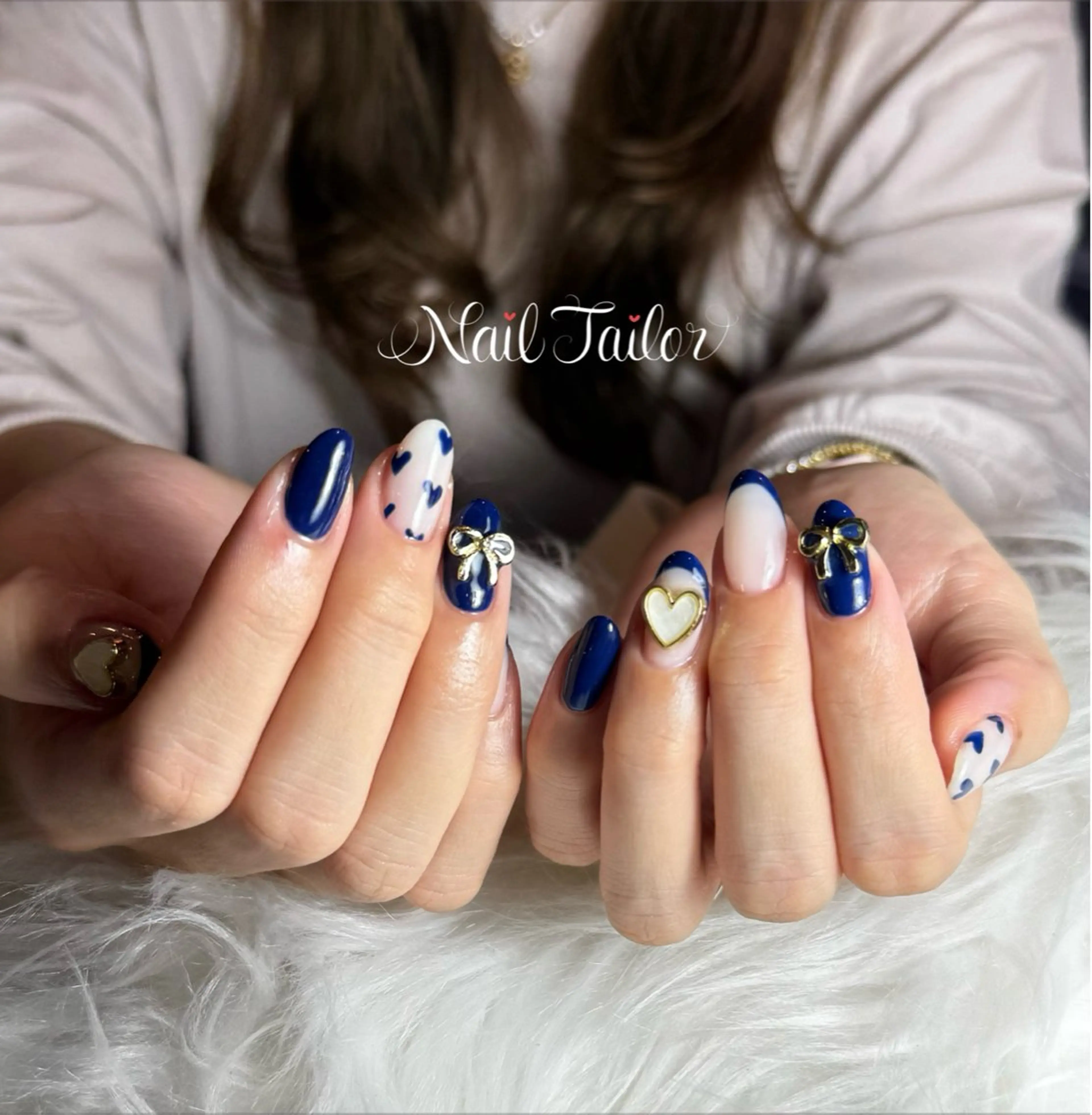 ネイル ブルー ハート 持ち込み ネイビー リボン ハンドネイル NailTailor ネイルテイラーのネイルデザイン