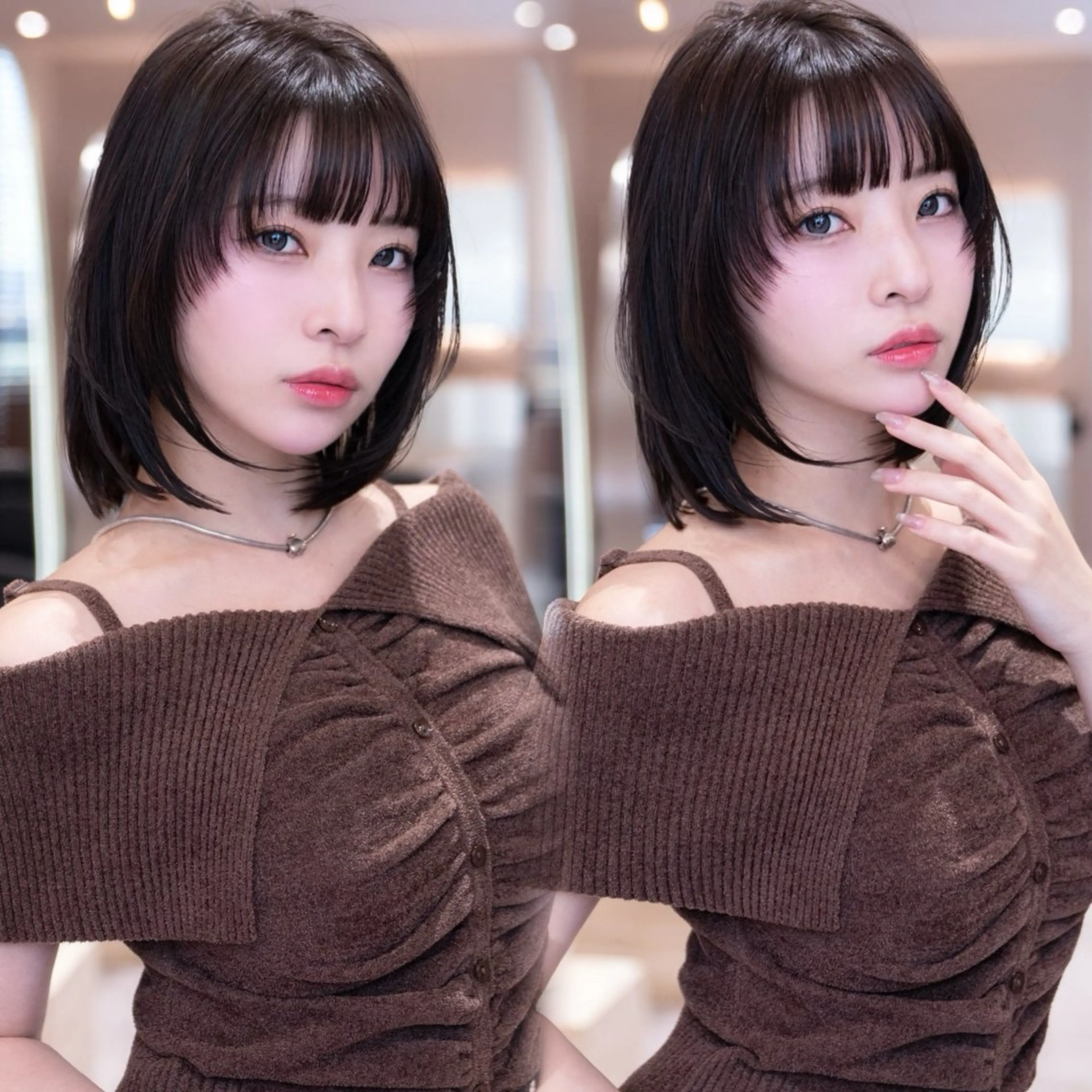 ミディアム カラー 切りっぱなしボブ イヤリングカラー ボブ 伸ばしかけ 髪質改善 新宿/レイヤー/ 透明感カラーしょうごのヘアスタイル