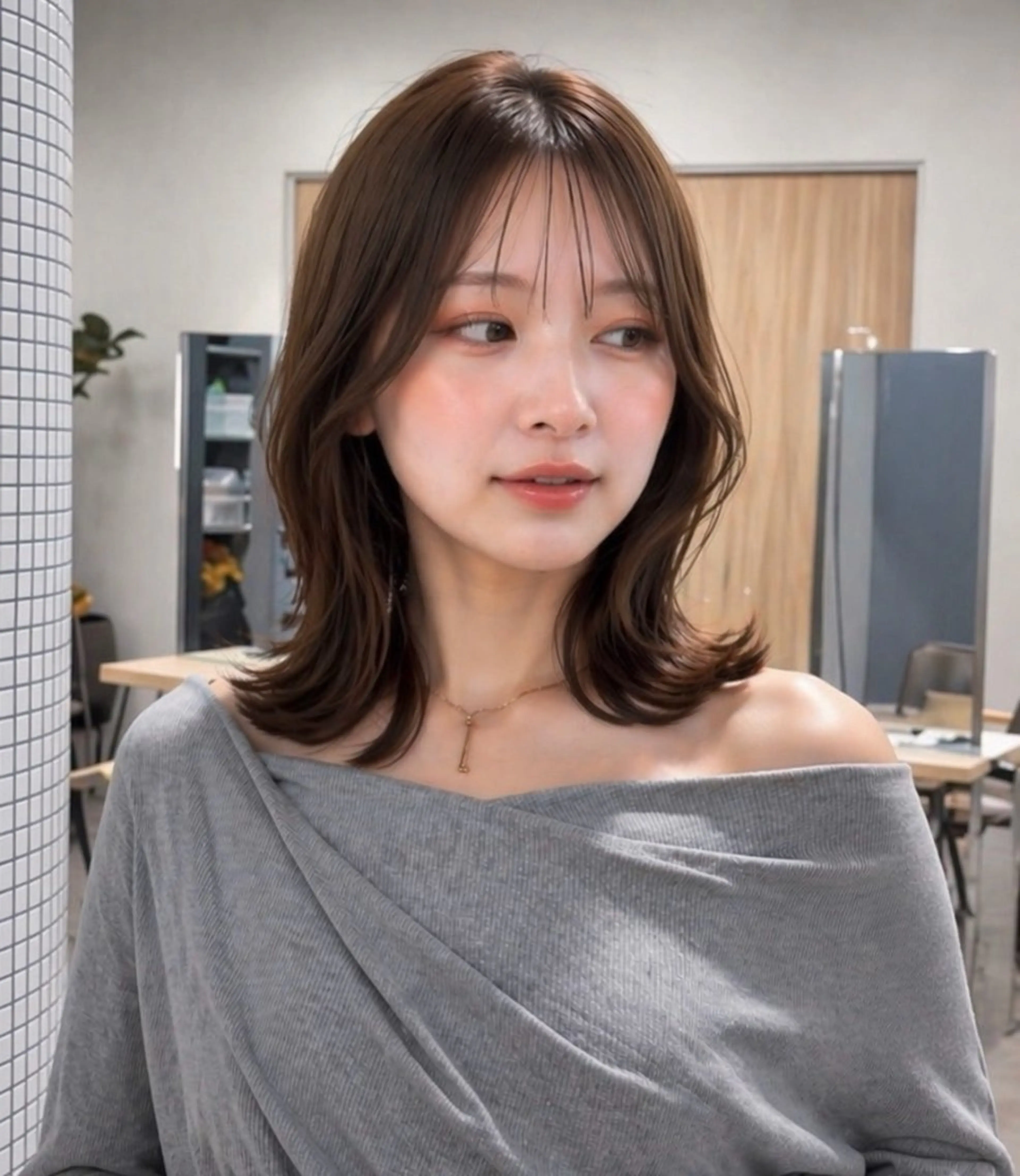 ミディアム カット こころ/sand/透 明感カラー/縮毛矯正のヘアスタイル