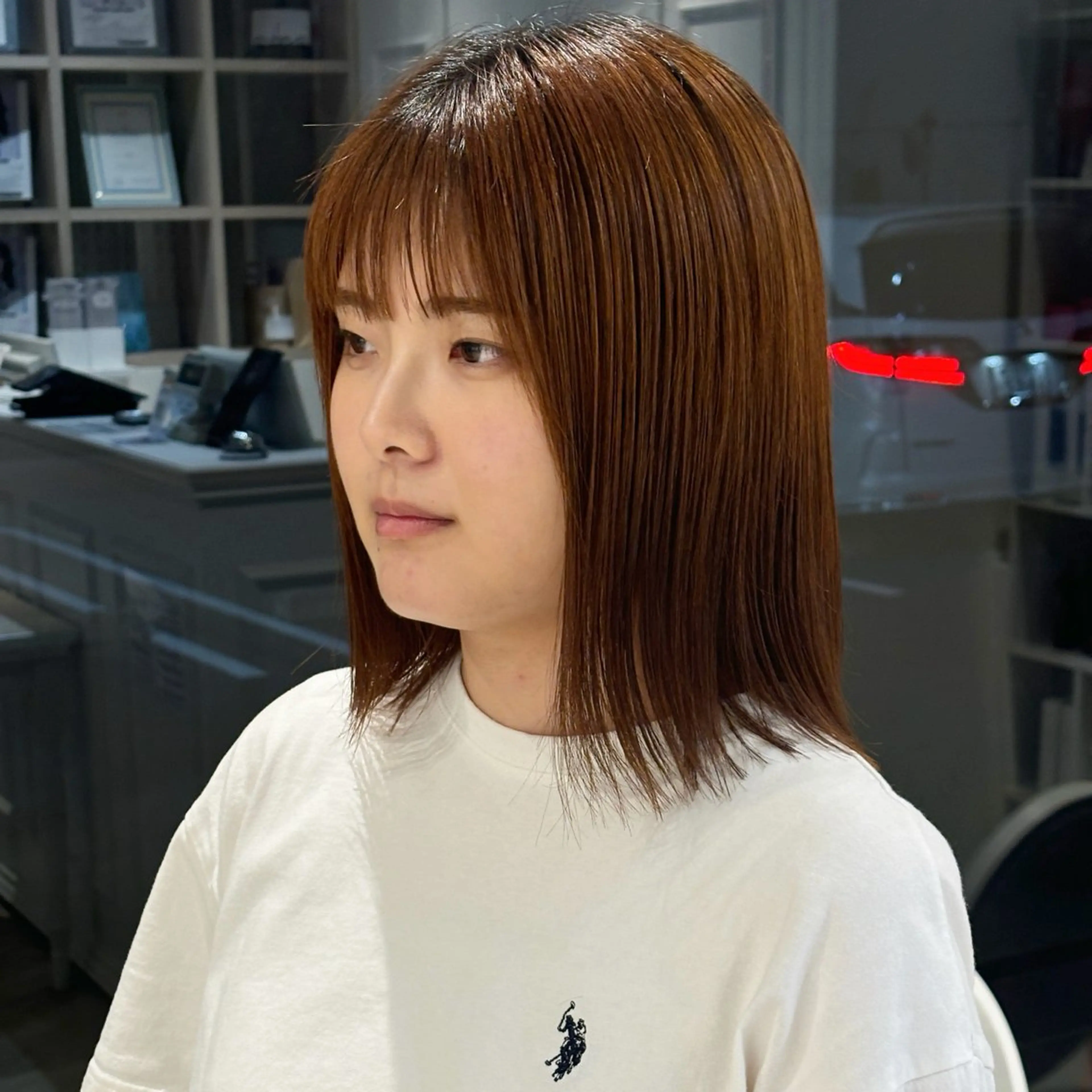 ミディアム 縮毛矯正 ブリーチなしwカラー メンズパーマ新居見のヘアスタイル