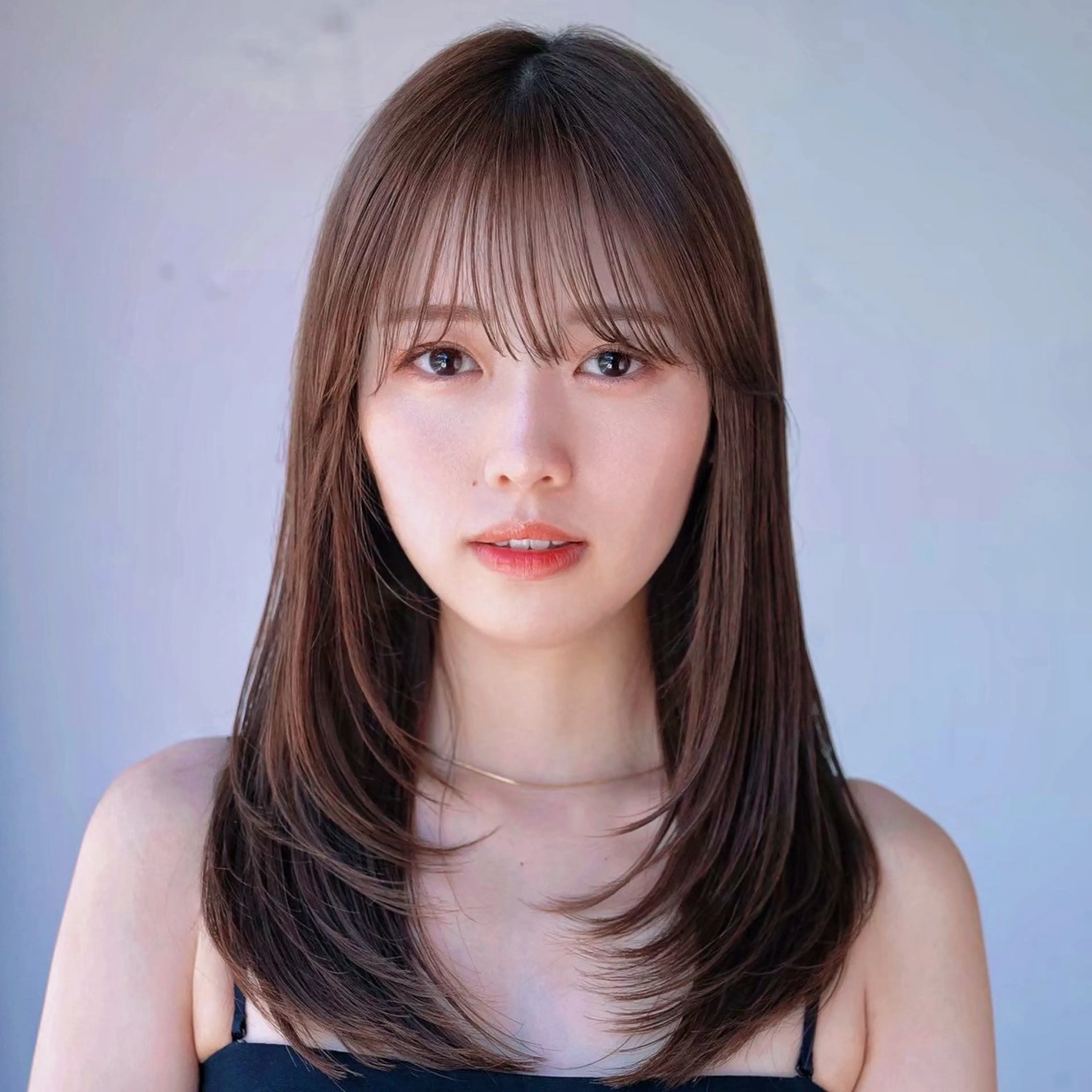 セミロング カラー 透明感カラー オレンジ ヘアカラー トリートメント ムツキ/品のある 艶カラー/縮毛矯正のヘアスタイル